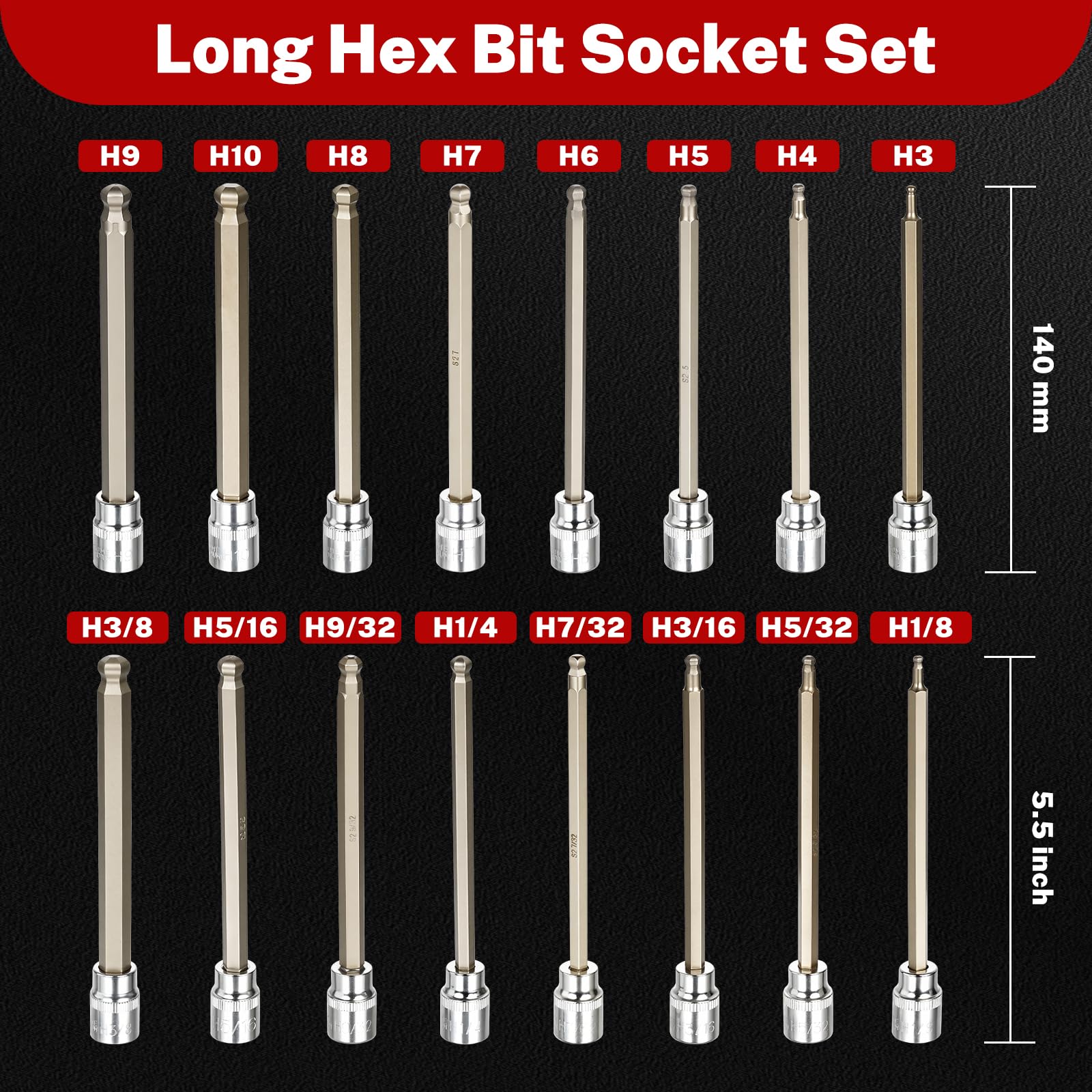 TOMMARS 16-Pc 3/8 Inch Drive Ball End Long Hex Bit Socket Set, Extra Long Allen Socket Set, CR-V and S2 Steel, SAE & Metric 1/8-3/8 in., 3-10 mm.