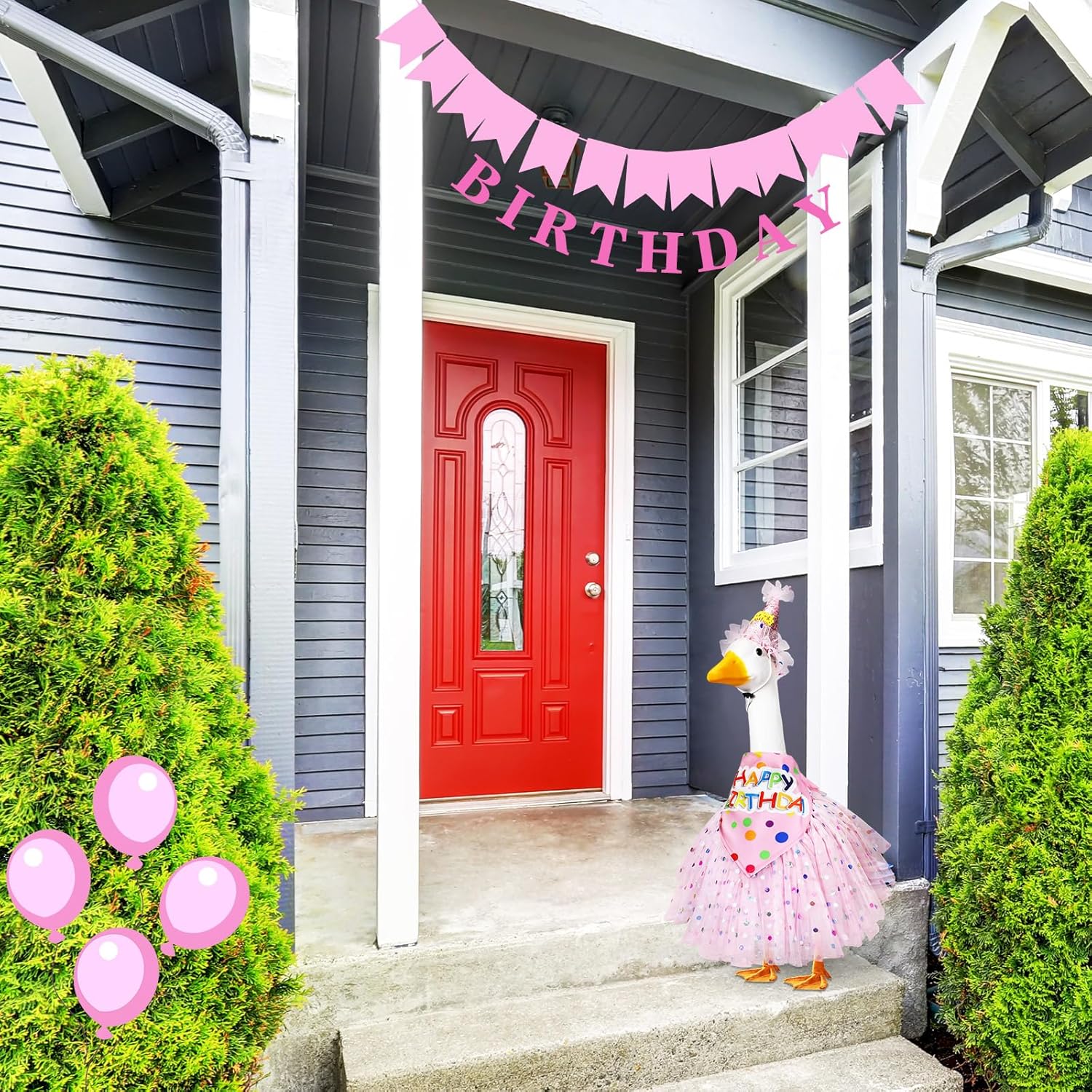 3 Pcs Birthday Porch Goose Outfit for 23" /17" Cement Lawn Goose Clothes Happy Birthday Hat and Tutu Skirt Bandana(Pink) - Image 5