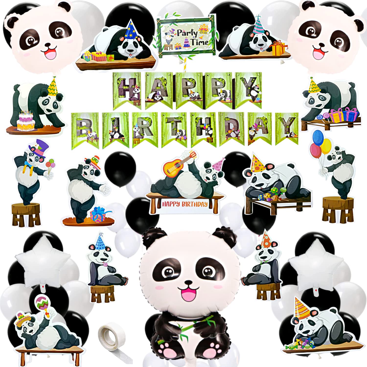 63 pcs Happy Birthday Panda Theme Decoration Black and White Balloons Panda Foil Cutouts Props & Cake Topper Panda Birthday Decoration Items (Pack of 63, Black & White)-image-8