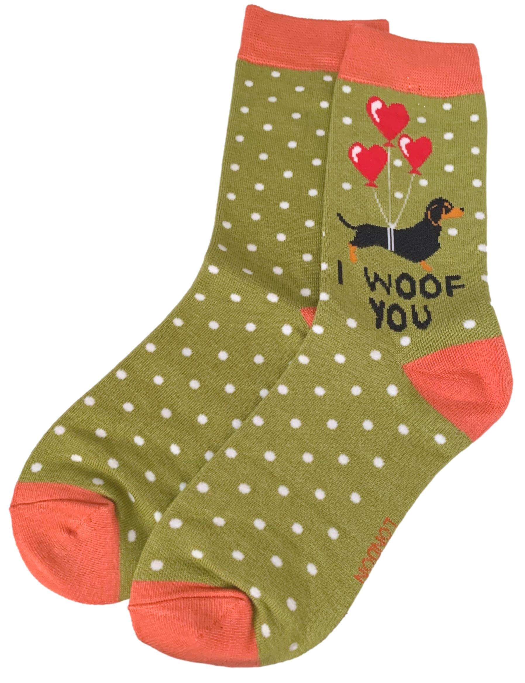 Purple Possum® Sausage Dogs Socks Ladies Dachshund Dog Bamboo Cotton Blend Dachshunds Socks (Green) Size 4-7