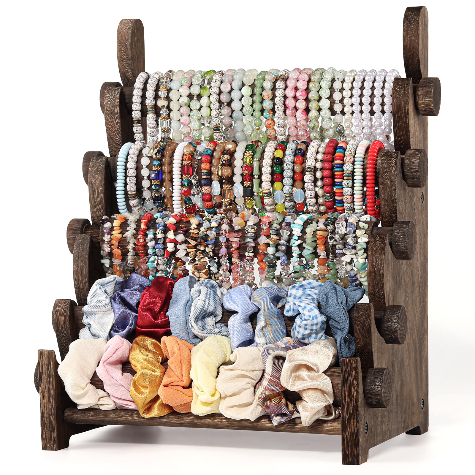TOPNEW 5 Tier Wooden Bracelet Holder, Scrunchie Bangle Watch Necklace Display Storage Jewelry Holder Stand Display Organizer, Brown