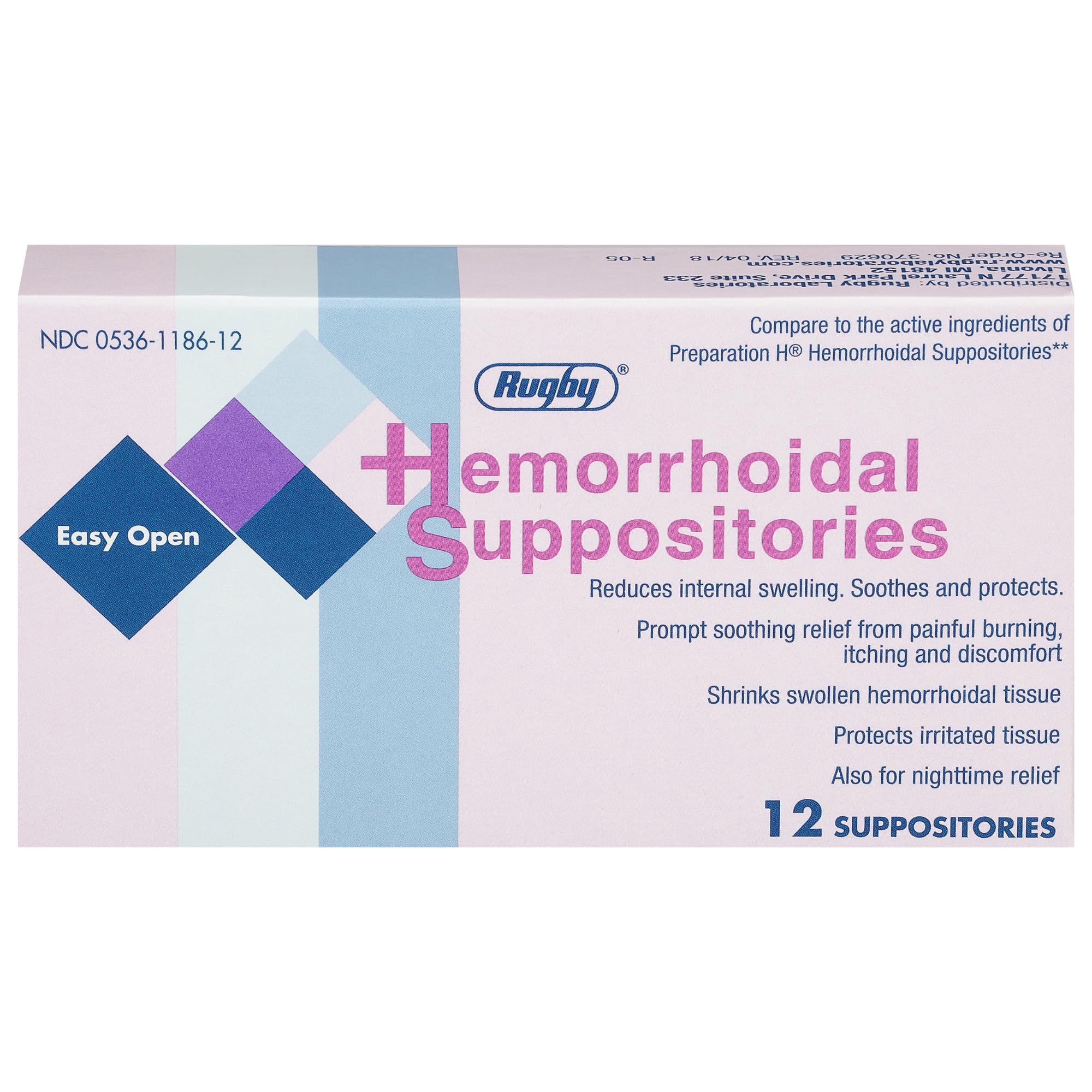 Rugby Hemorrhoidal Suppositories - Soothing and Shrinking Action for Internal Hemorrhoids with Cocoa Butter and Phenylephrine HCl, Easy Open Design - 12 Count