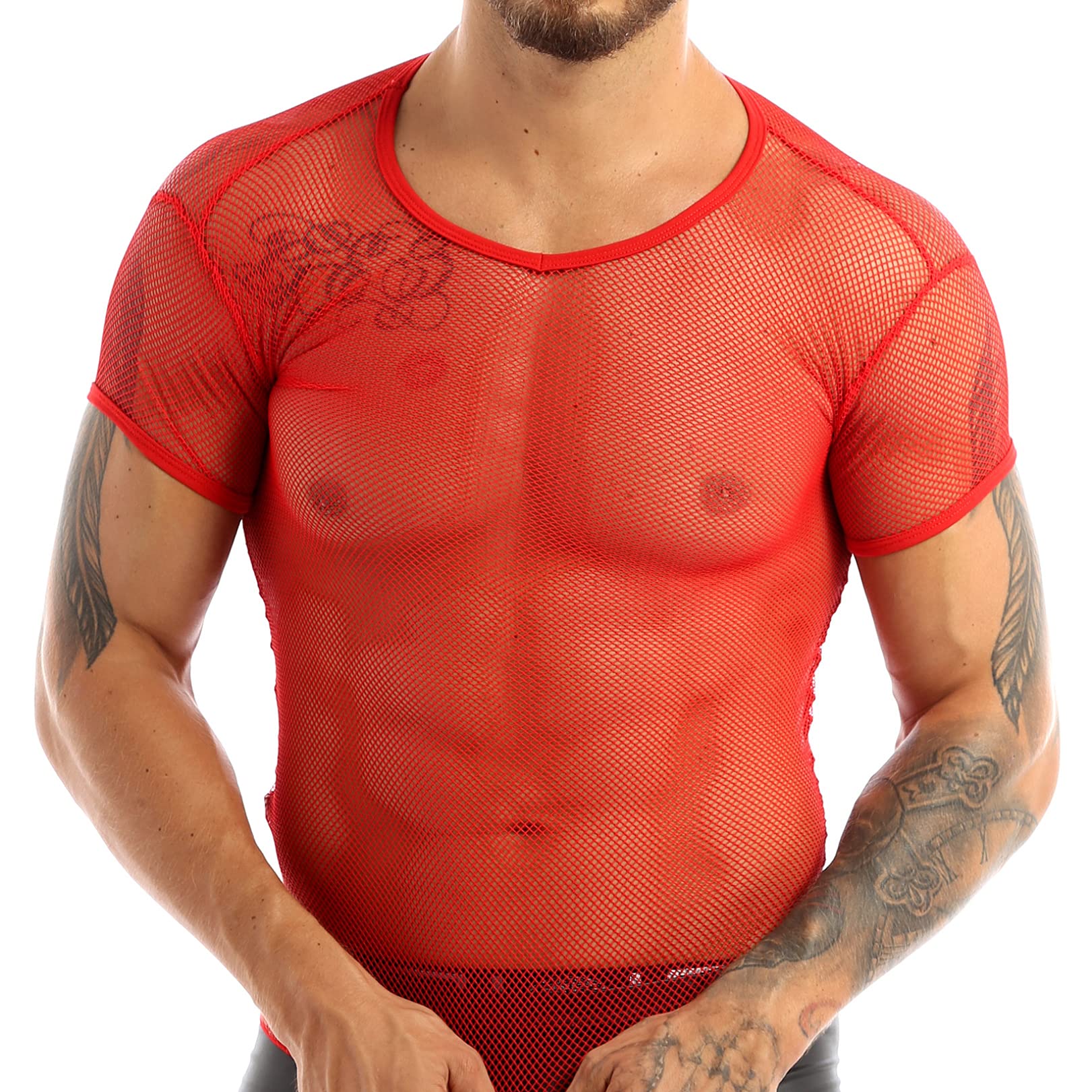 FEESHOW Mens See Through Sheer Mesh T-Shirt Muscle Tank Tops Tees Vest Fishnet Shirt Undershirts Red M