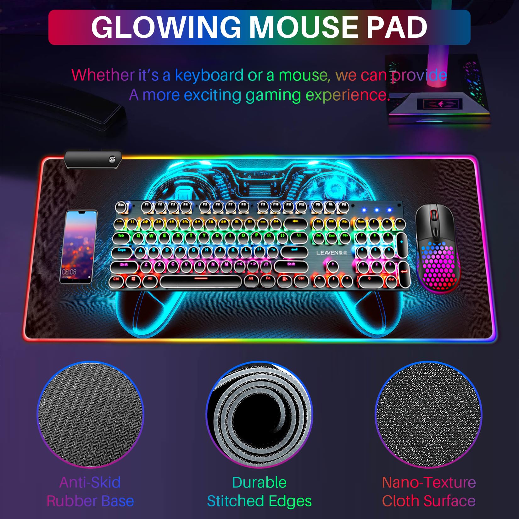 Alfombrilla de mouse LED XL para juegos con 14 modos de luz, alfombrilla de mouse para gamer iluminada, 31.5 x 11.8 pulgadas, antideslizante, estilo RGB grande, accesorios de juego negros