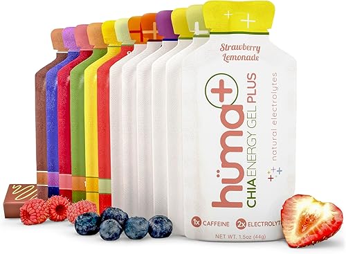 Huma Plus (electrolitos dobles) - Gel energético de chía, paquete variado, geles energéticos de alimentos reales aptos para el estómago (12 geles