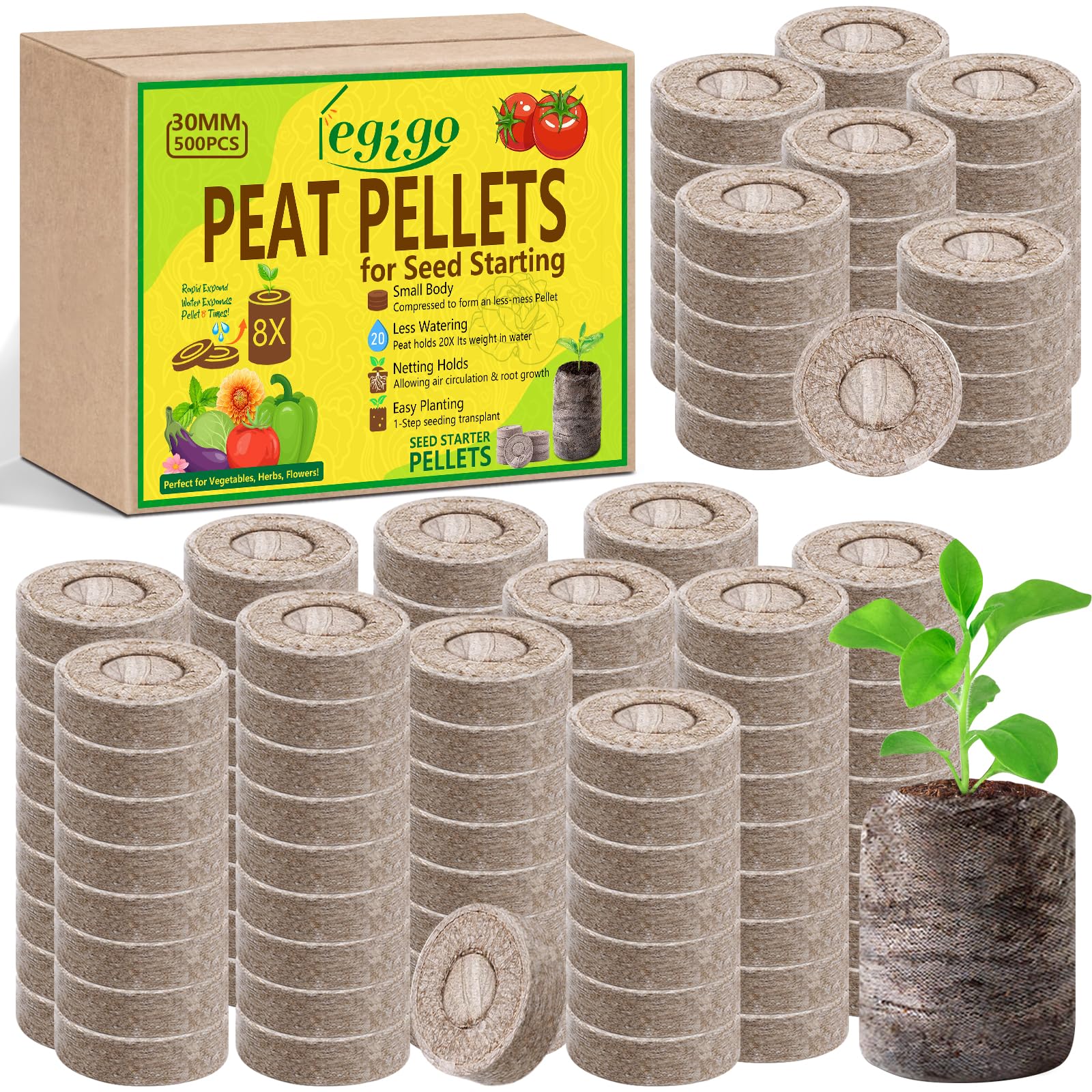 Legigo 500 Pcs 30mm Seed Starter Peat Pellets for Seedlings- Compressed Seed Starter Pods Seed Starting Pellets Plugs Soil Peat Pods for Starting Seeds, Garden Planting Herb Flower Vegetables