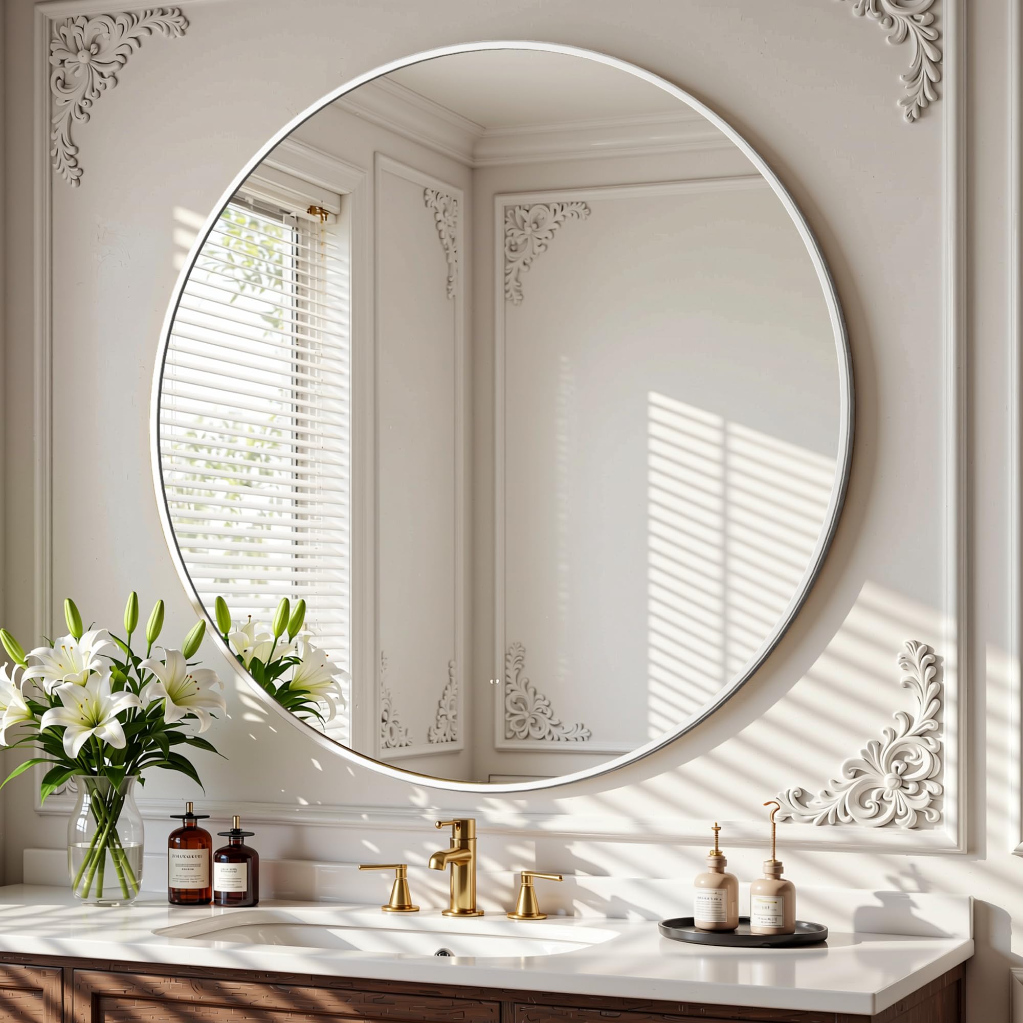 BEAUTYPEAK 90 cm Round Mirror, Shatterproof Wall Mirror with Aluminium Frame, Bathroom Mirror for Hanging and Leaning, Round Wall Mirror for Bedroom, Bathroom, Living Room, White