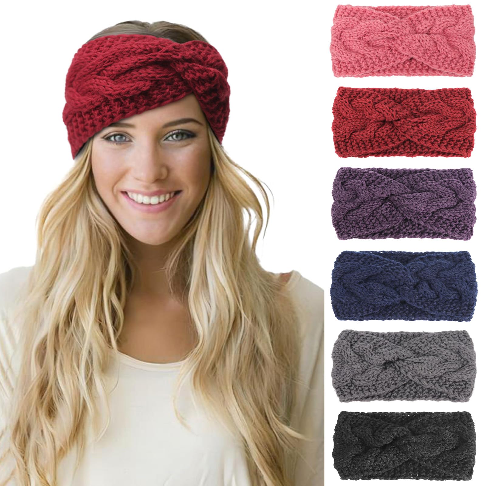 Dreshow Women's 6 Pack Crochet Knitted 23G-20 6 Pieces Warm Knitted Headband Winter Ear Warmer Crochet Head Wraps Thick Cable Headband