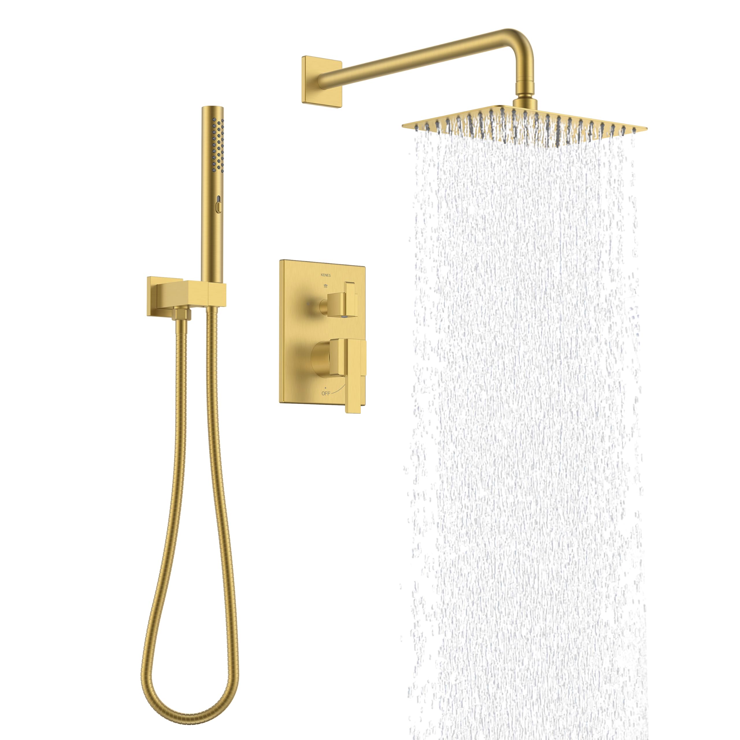 Photo 1 of KENES Brushed Gold Rainfall Bathroom Shower System Rain Shower Head and Handle Set, Shower Faucet Set with 10-Inch Rain Showerhead and Handheld Spray, (Shower Valve Included), LJ-6026A-4