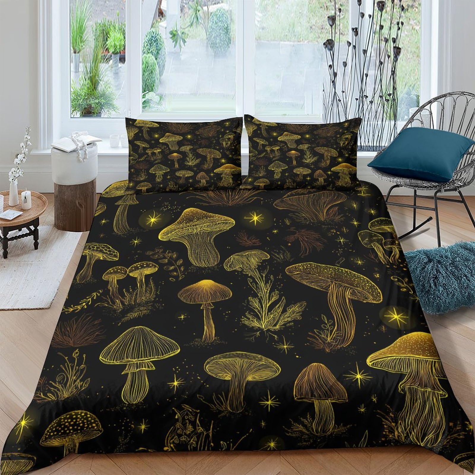 Ctjqhvkz Style-8 3D Printed Glowing Mushroom Fitted Sheet Microfiber Soft Black Forest Bed Cover For Bedroom Guest Room Decor Single（135X200cm）