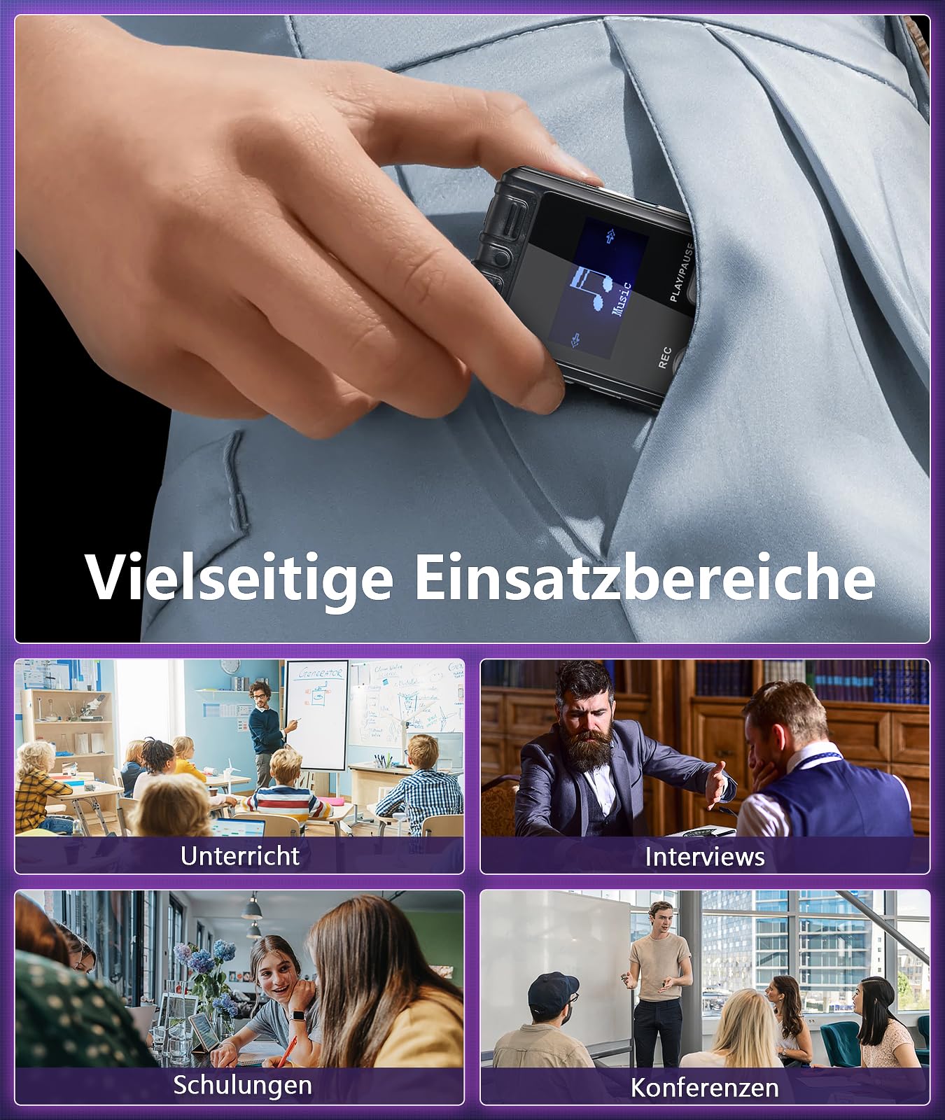 Dictaphone 32 G - 1536 kbps - Enregistreur vocal numérique - Interface Type-C - Appareil d'enregistrement One-Touch-HD Dual MIC pour conférence, entretien, réunion