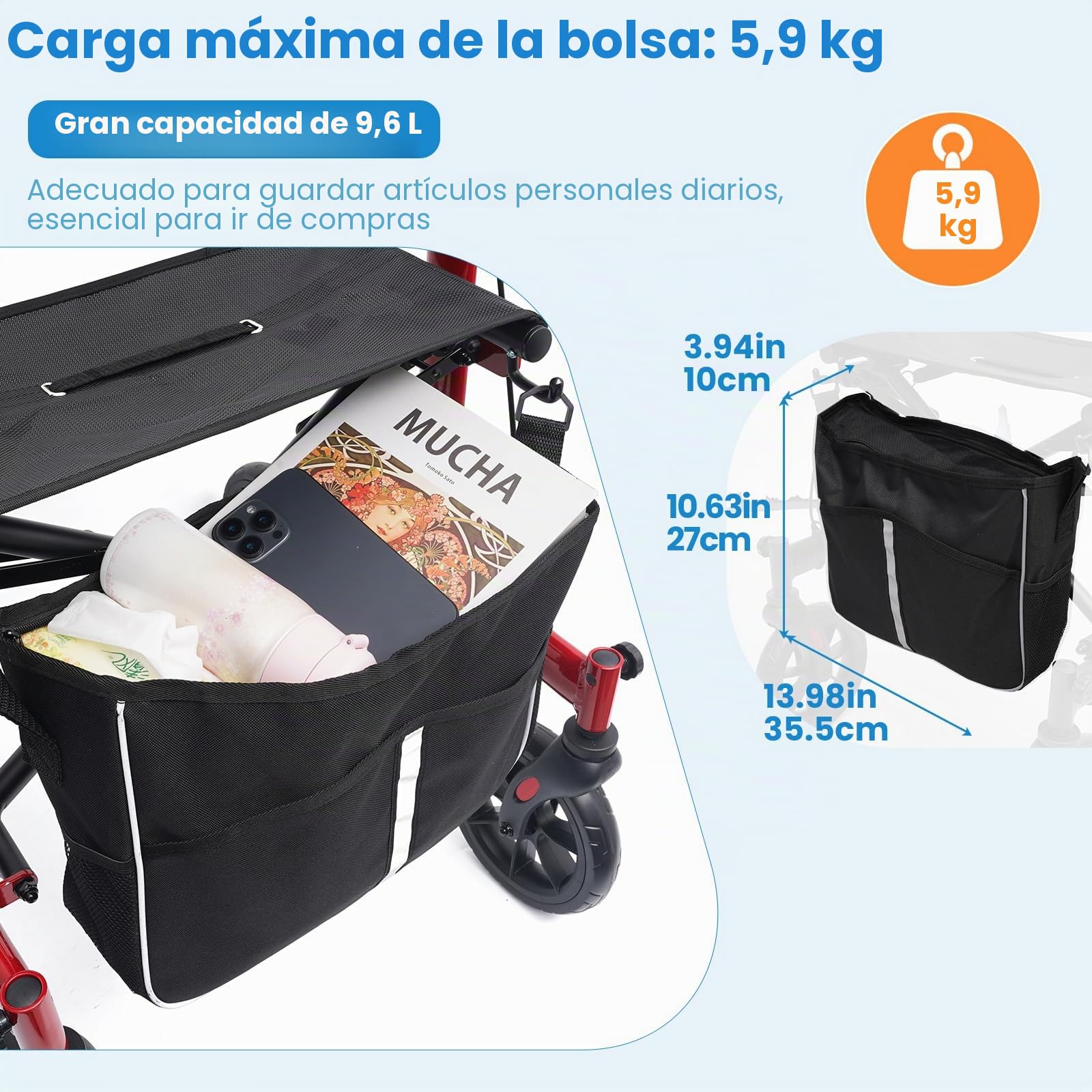 Andador para Ancianos Plegable: Andador Estrecho con Asiento para el Hogar Andador para Personas Mayores - Andador de viaje Aluminio con asa de Altura Ajustable para Aire Libre (Rojo)