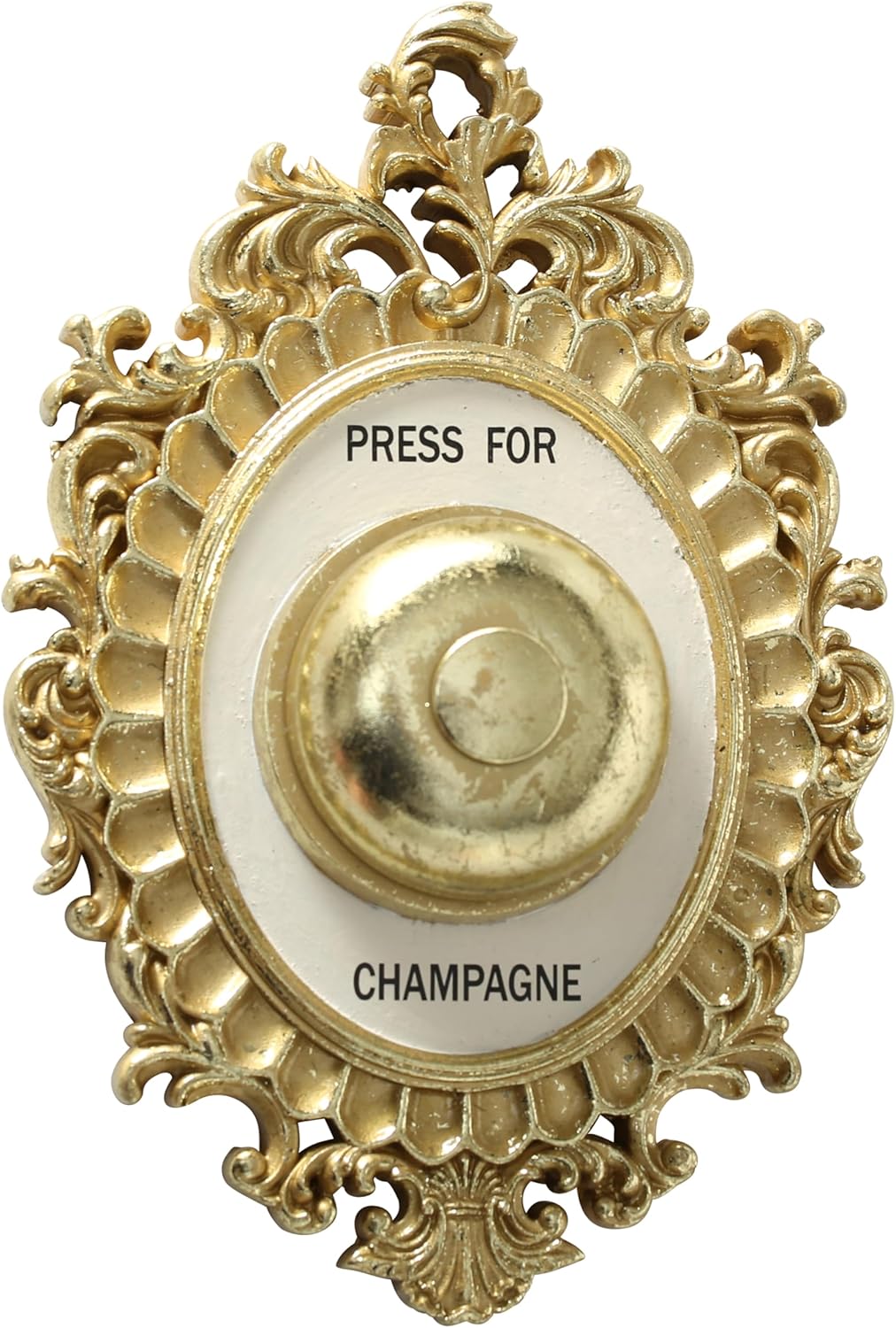 Grand Hotel Decorative Door Bell, Champagne Theme, Ornamental Plaque, Non-Working Ringer, 9 Tall x 5.5 Inches Wide, Metallic Gold and White Painted Polyresin