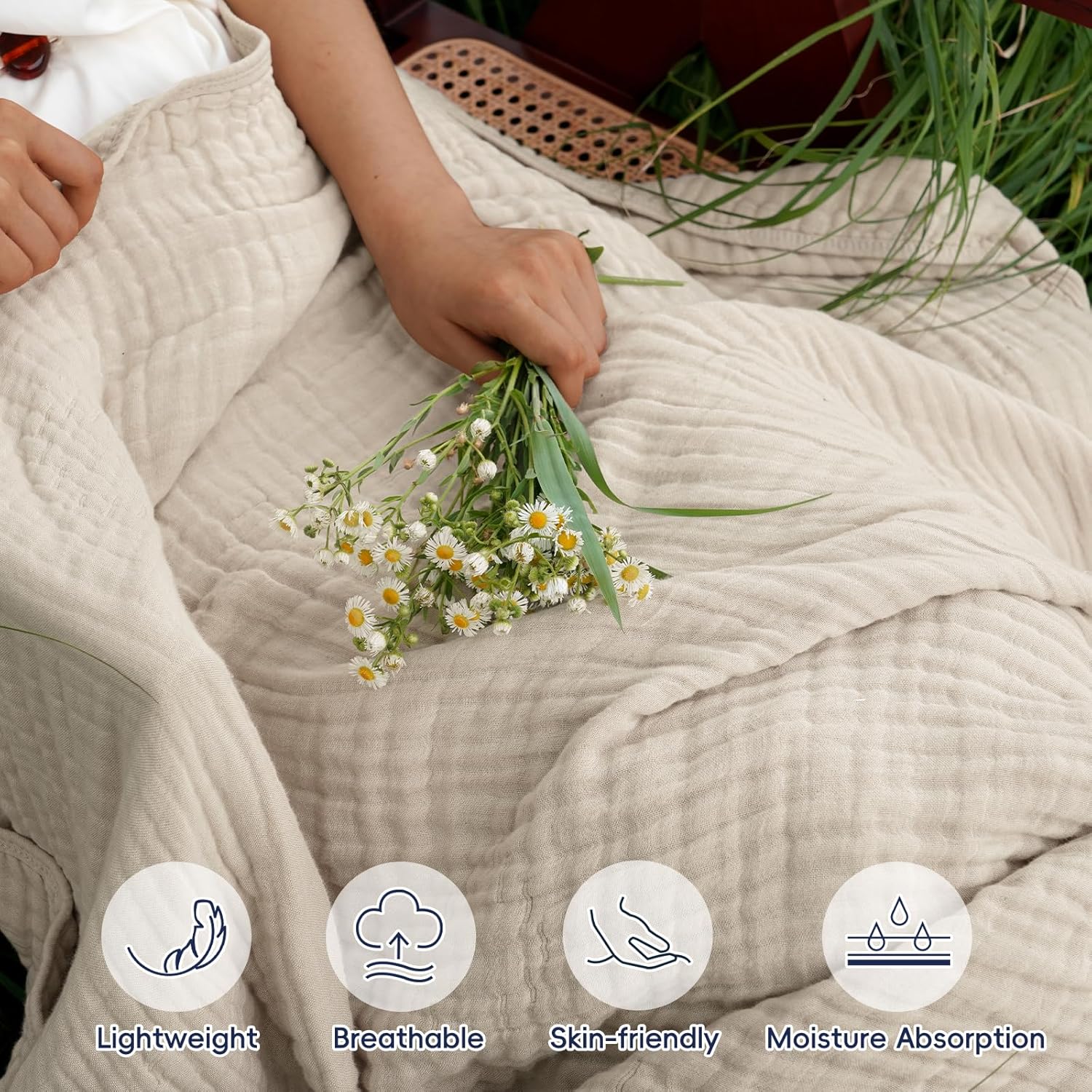 PHF Cooling Muslin Blanket Queen Size 90"x80", 6-Layer Lightweight Gauze Blanket Made from 35% Rayon Derived from Bamboo & 65% Cotton, Breathable & Ultra Soft Cozy for Hot Sleepers, French Oak - Image 2