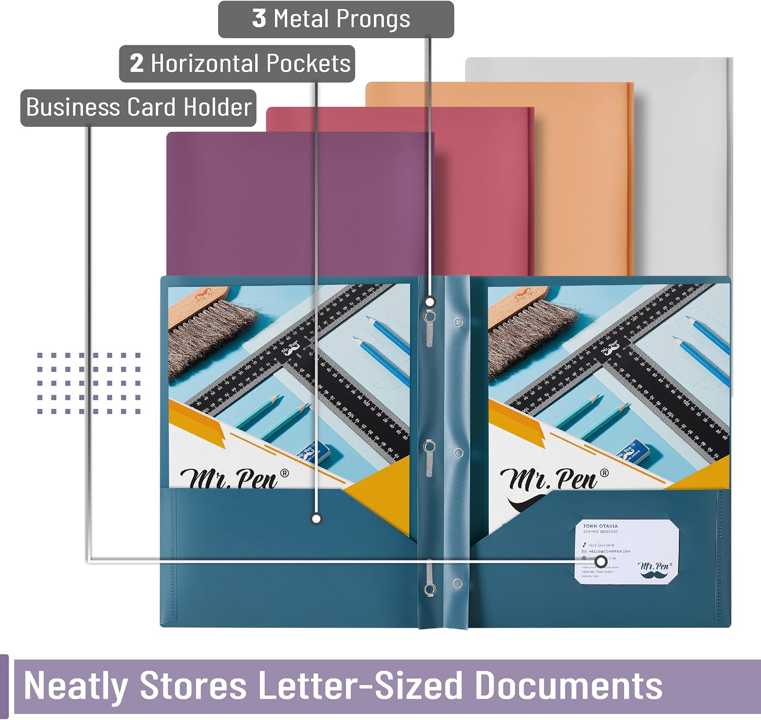 Mr. Pen- Plastic Folders with Pockets and Prong, 5 Pack, Assorted Colors image 3
