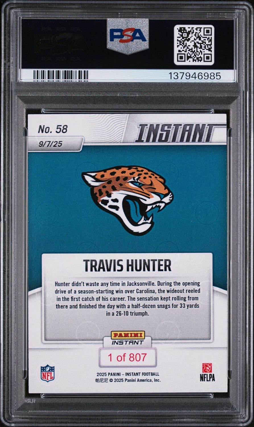 Graded 2025 Panini Instant Travis Hunter #58 Rookie RC Football Card PSA 10 Gem Mint