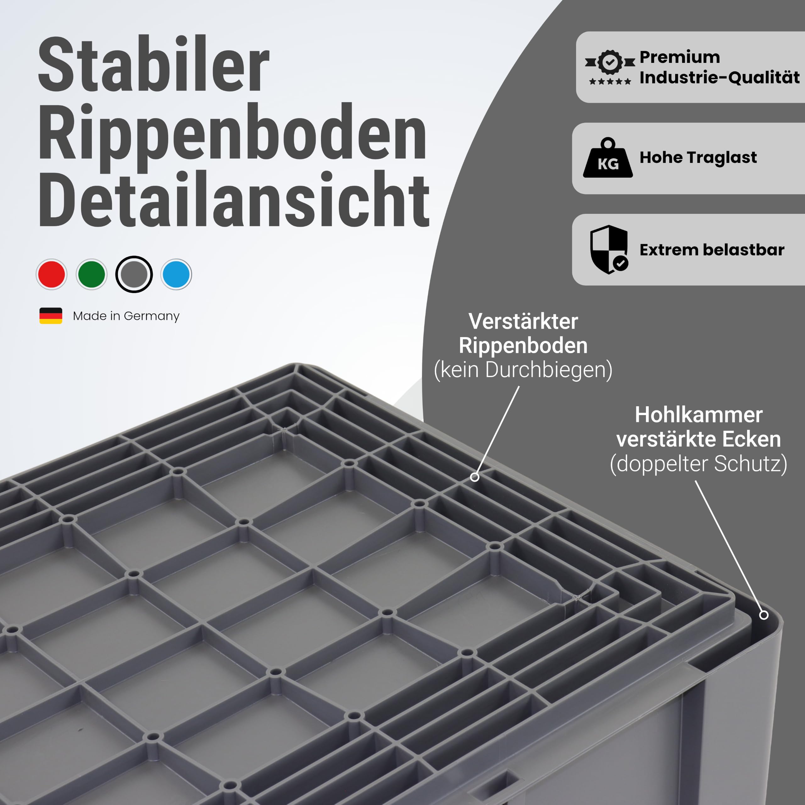 1a-TopStore Schwerlast Heavy-Duty Eurobox/Eurobehälter | massiver Rippenboden | stapelbar | mit Hohlkammerverstärkung | extrem hohe Traglast (grau, 60x40x32 cm)