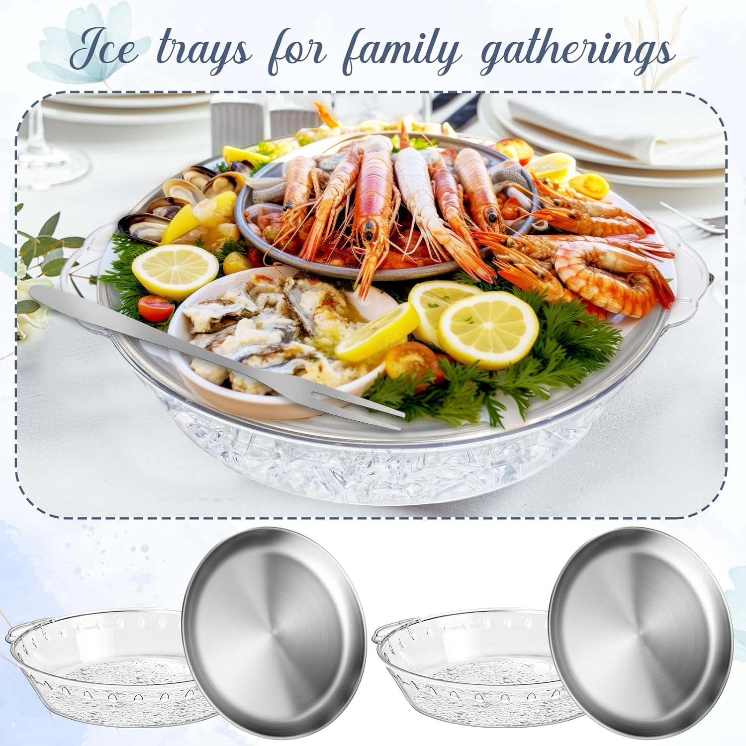 Baderke 2 Sets 11.8" Chilled Serving Tray for Parties Round Iced Platter with Ice Underneath Stainless Steel Clip Fruit Fork Shrimp Cocktail Serving Dish for Oysters Crawfish Fruits (Original) - Image 5
