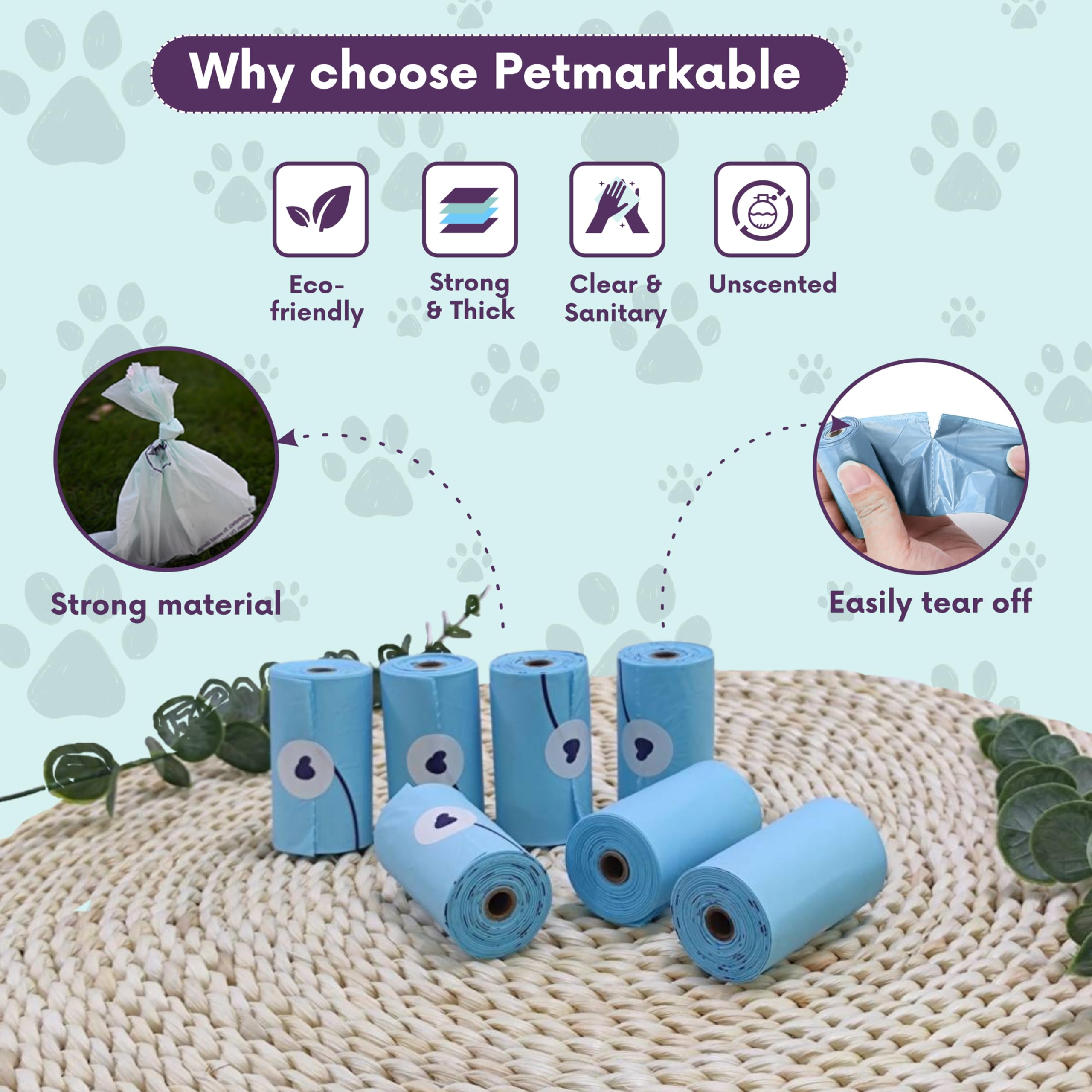 Kit completo de residuos para perros conscientes de la tierra: dispensador de bolsas de basura de paja de trigo con un rollo de bolsa de basura de almidón de maíz de 15 bolsas, mosquetón,