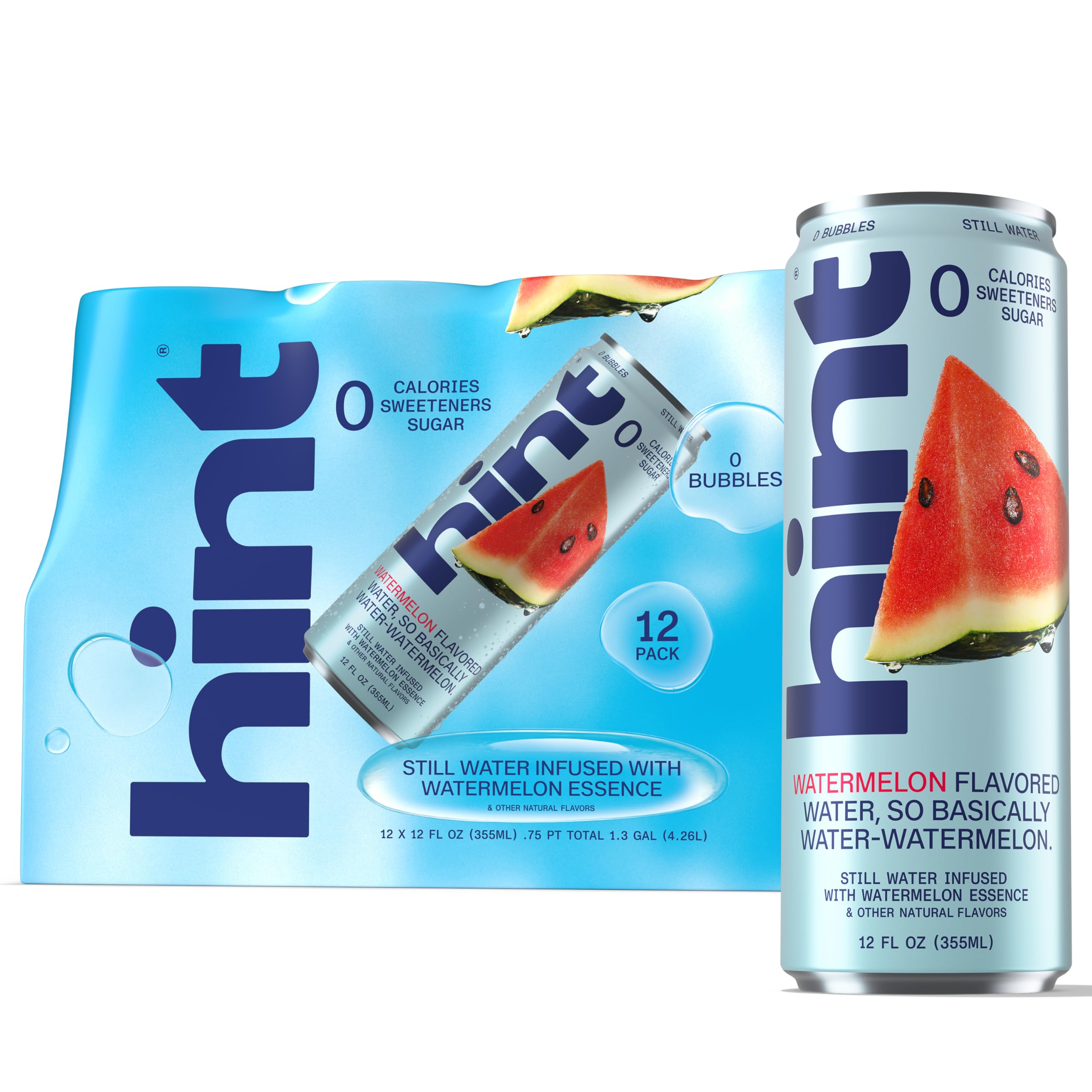 Hint Watermelon Canned Flavored Water, Pure Still Water Infused with Watermelon Essence, 12 oz Slim Cans, Zero Sugar, Calories, Sweeteners,