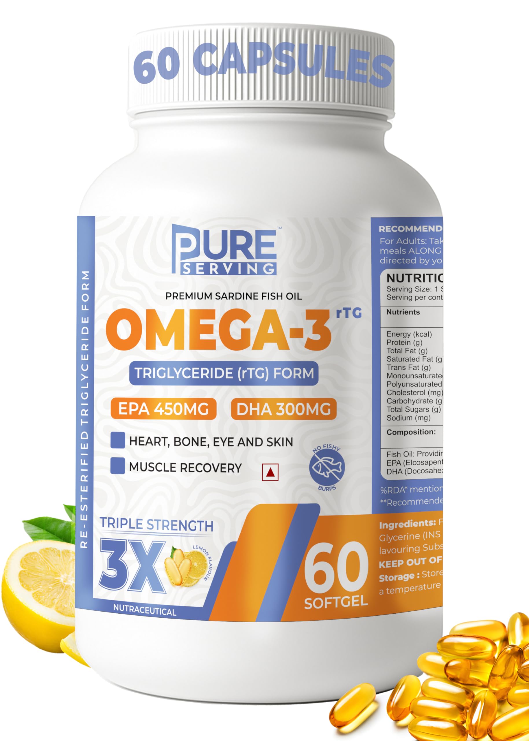 Triple 3X Strength 450mg EPA & 300mg DHA Re-esterified Triglyceride (rTG) Form Fish Oil Omega 3 Capsule- Lemon Flavor, Gym Supplement Capsules - 60 Soft Gels
