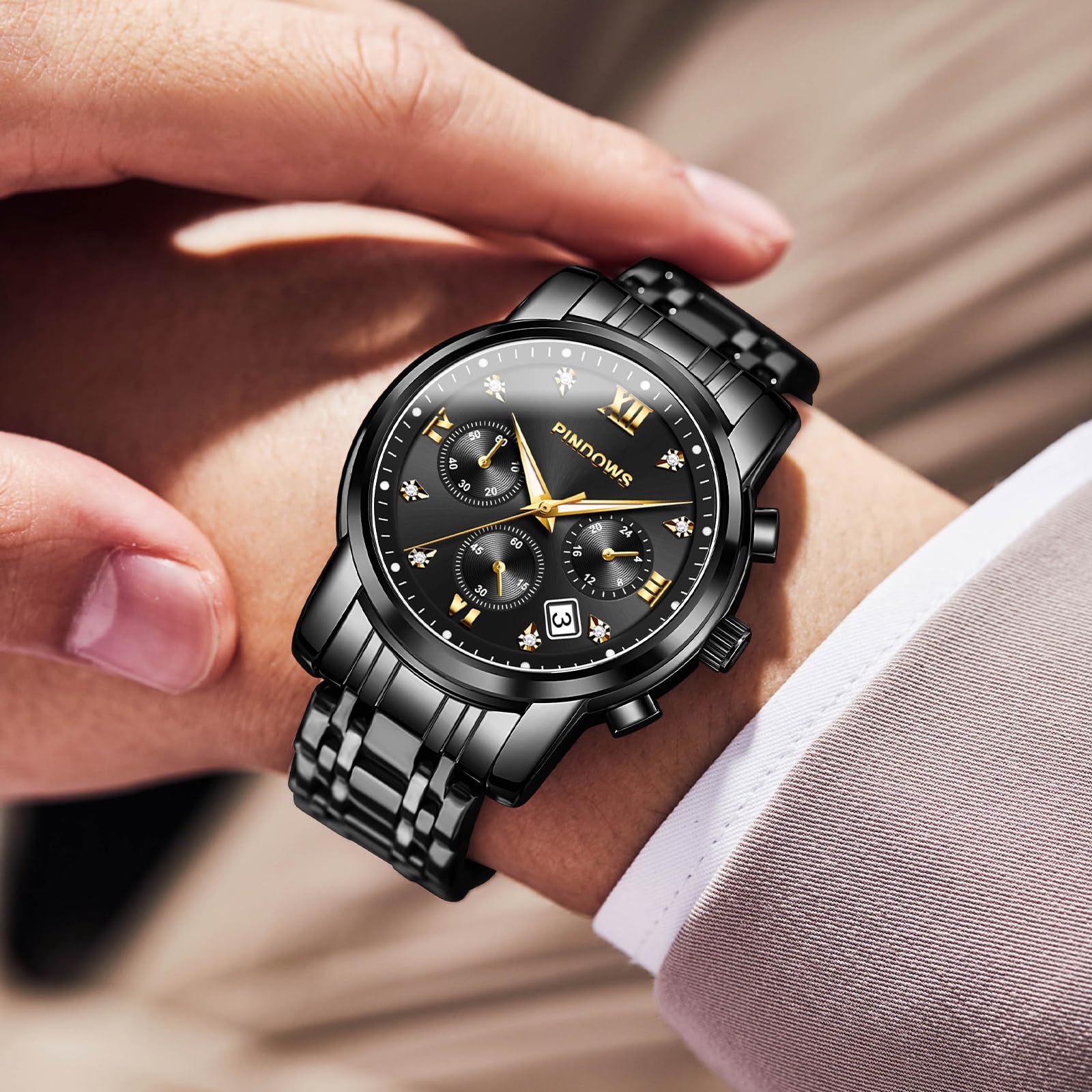 PINDOWS Watches for Men, Luxury Quartz Analog Watch with Date Big Face Waterproof Fashion Business Wristwatch Dress Two Tone Stainless Steel Classic Man Watch Luminous Calendar Relojes para Hombres