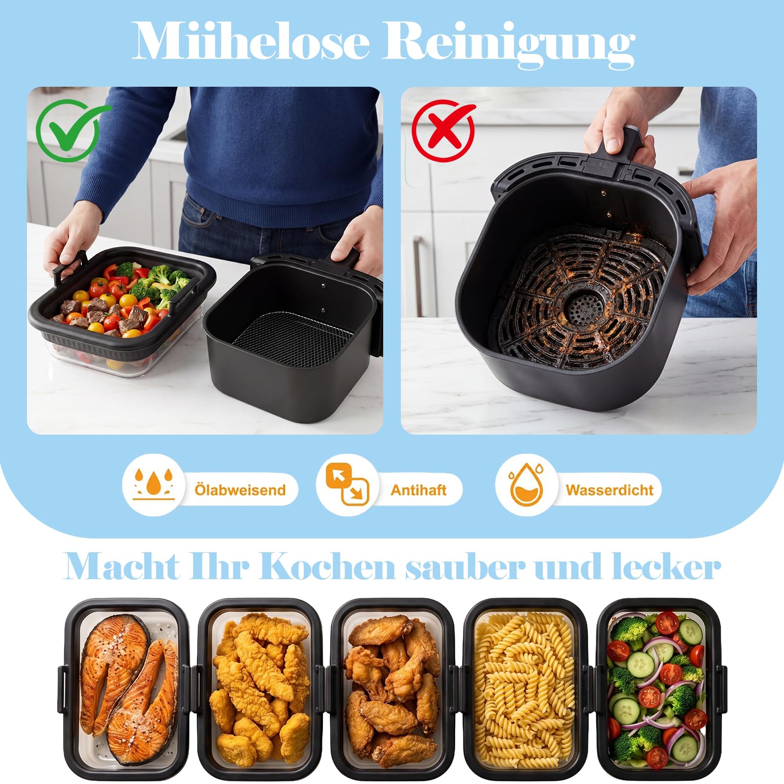 2 moldes para horno Ninja AF400EU/DZ400EU/AF500EU/COSORI, accesorios de cristal con tapa, molde de cristal sin BPA para freidora de aire caliente, 2 cámaras, anillo de silicona extraíble de 20 x 15 x