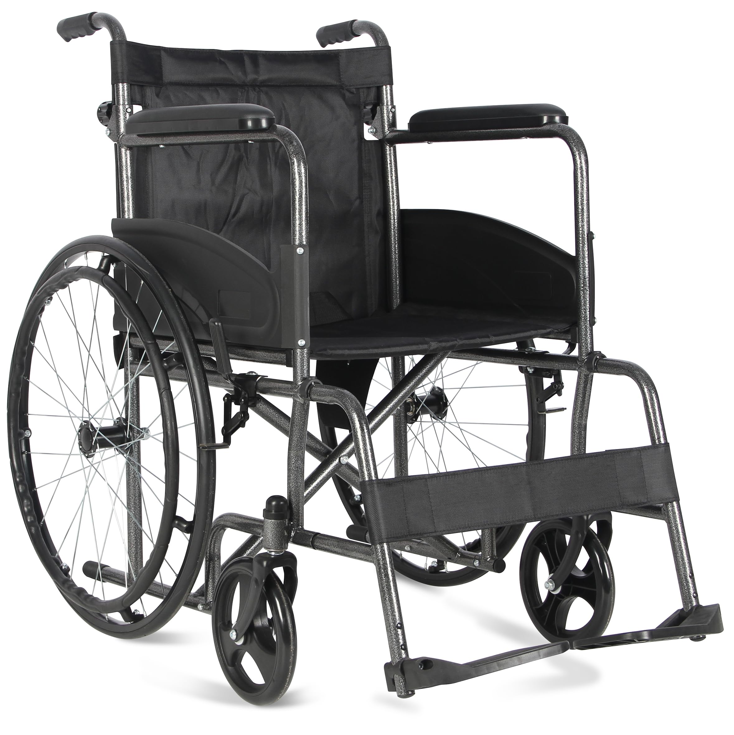 Aidapt Folding Lightweight Self Propelled Steel Wheelchair with Brakes, Extra Wide Seat (20") Lap Strap, Removable Foot Rests and Side Panels for Privacy. Indoor and Outside Use