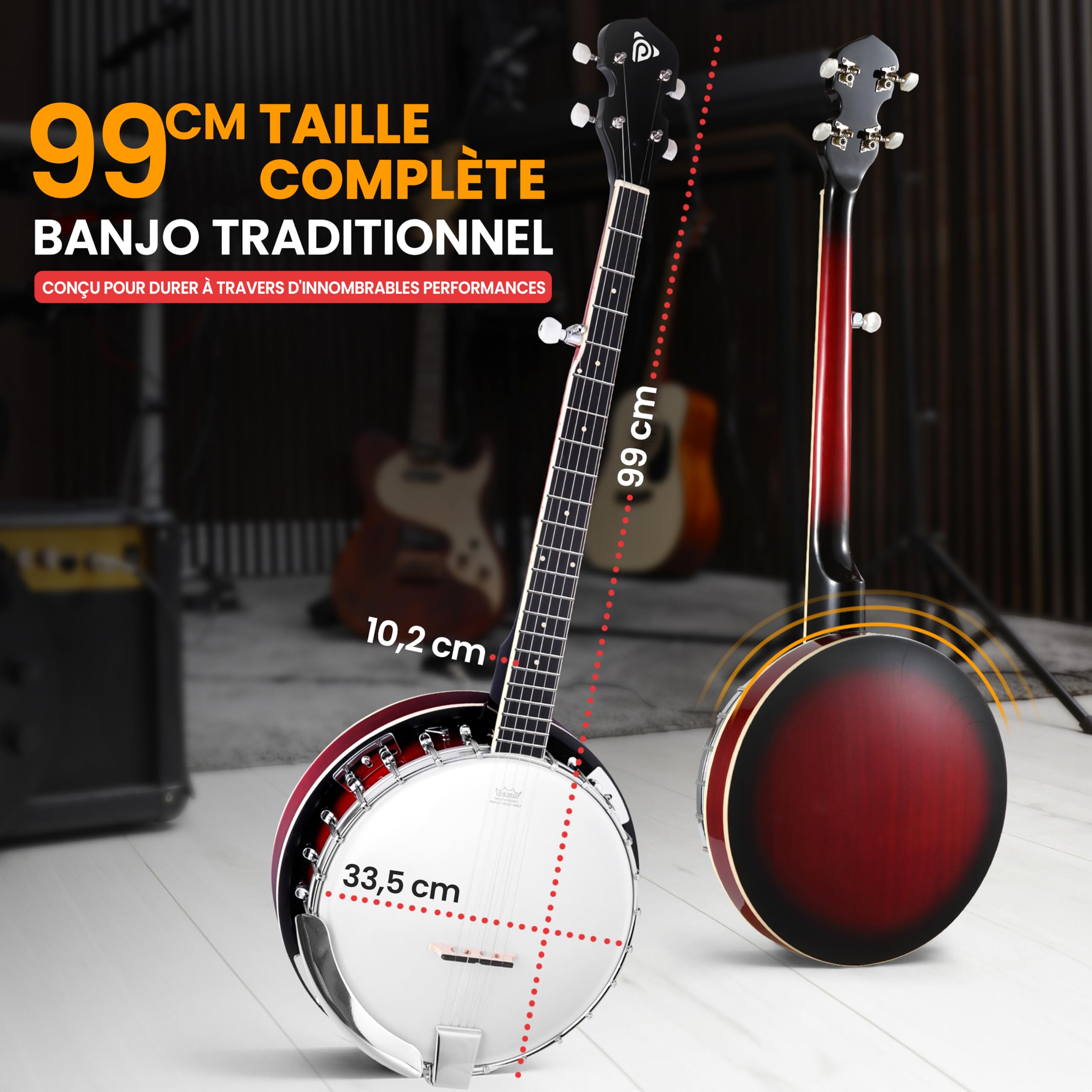 Pyle Banjo Kit avec Tête Remo et Résonateur en Sapelli, Instrument Traditionnel Taille Réelle de 99 cm – Banjo 5 cordes - Dos Ouvert ou Fermé, 24 Supports - Kit d'Accessoires Premium (Éclat Rouge)