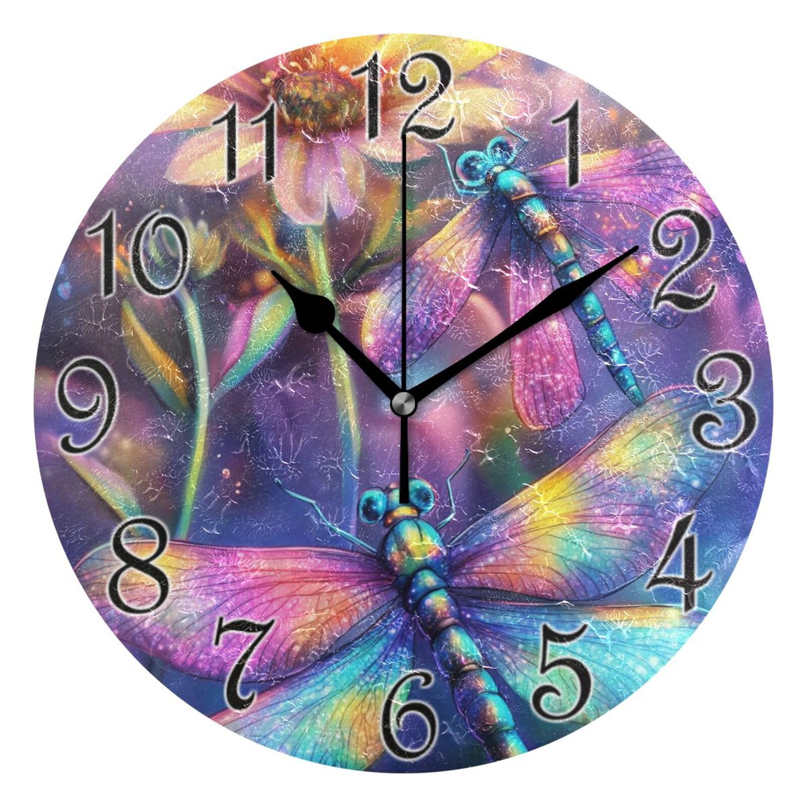 susiyo Reloj de pared redondo y silencioso con diseño de libélula y flores pastel, funciona con pilas, no hace tictac, creativo reloj decorativo para niños, sala de estar, dormitorio, oficina, cocina