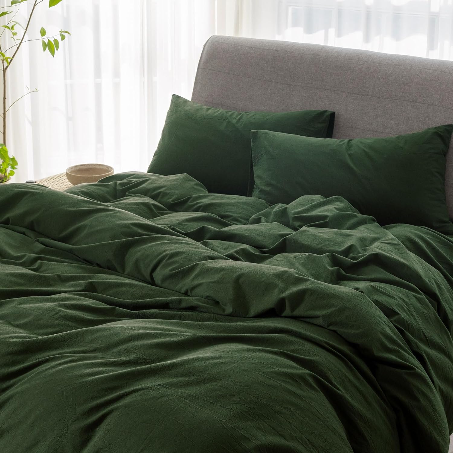 Cooling Queen Duvet Cover Set 3 Pieces-100% Washed Cotton Linen Like Textured Ultra Soft Cozy Bedding with Zipper Closure,Includes 1 Duvet Cover & 2 Pillow Shams(Forest Green,Queen 90"x90") - Image 6
