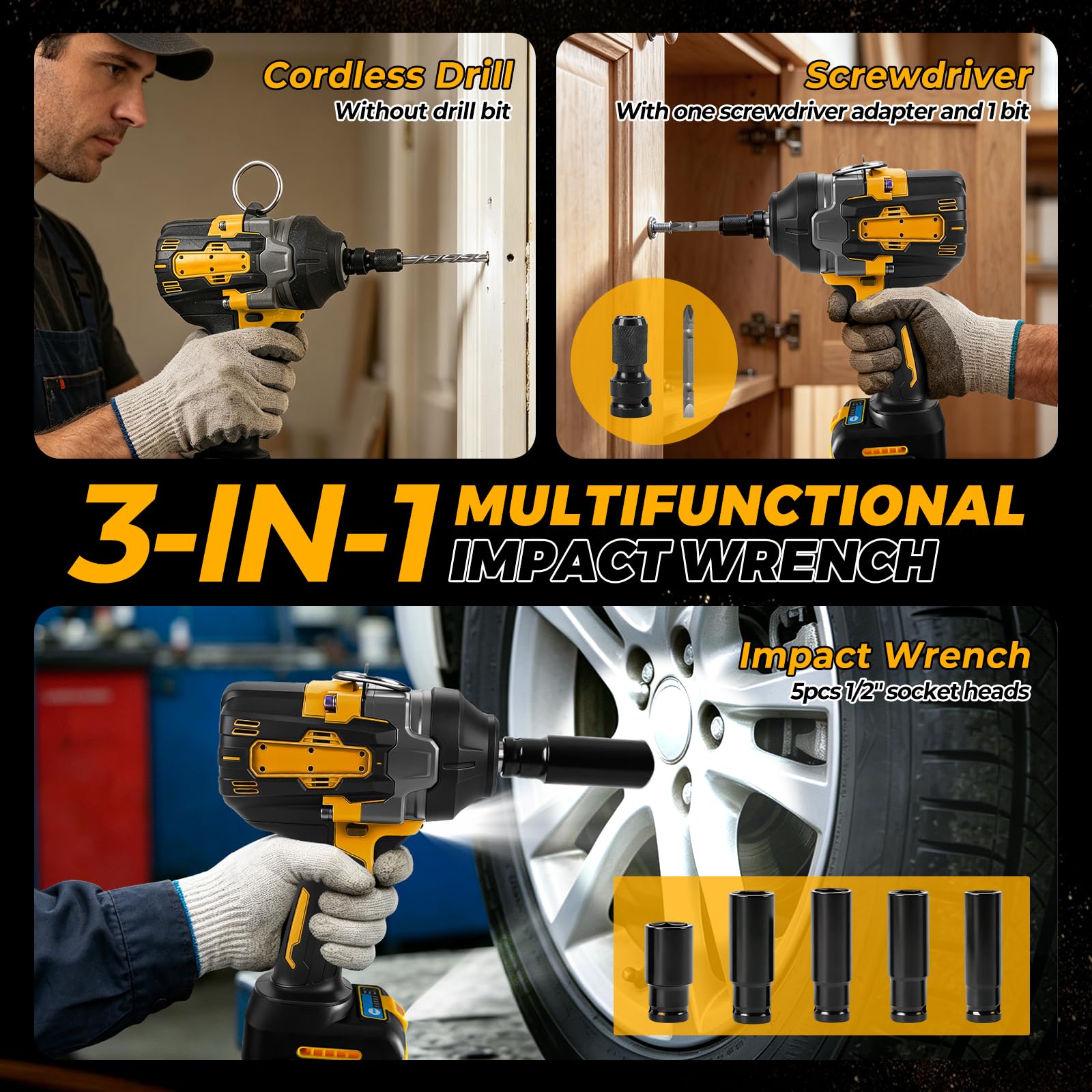 Bezprzewodowy klucz udarowy do Dewalt 18 V 20 V, 1200 N·m (274.3 m-lbs) 1/5.1 cm bezszczotkowy pistolet udarowy o wysokim momencie obrotowym, elektryczny wkrętarka udarowa z 5 trybami prędkości, 5