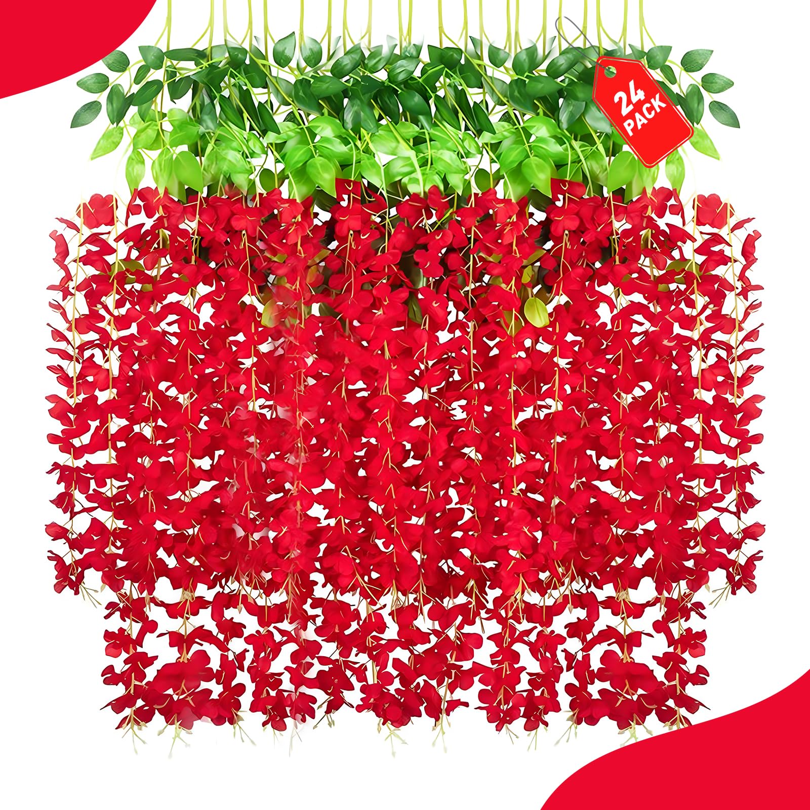 24Pack Red Wisteria Hanging Flowers, Red 3.77 Ft Fake Hanging Flowers, Red Artificial Wisteria Garland, Red Wisteria Flower Vines, Wisteria Flowers for Wedding Decor, Red Wisteria Garland for Backdrop (3 pack).