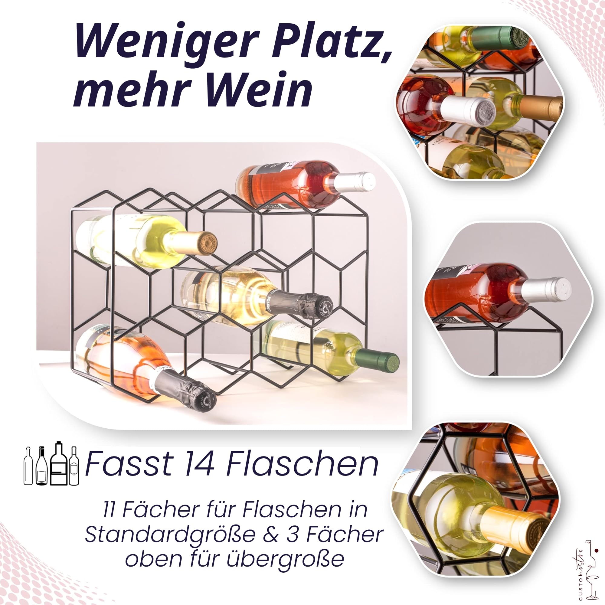 Gusto Nostro Weinregal für den Tisch - Modernes Schwarzes Metall-Weinregal für 14 Flaschen - 3-Stufiges Flaschenregal für Tisch, Schrank & Speisekammer - Keine Montage Erforderlich