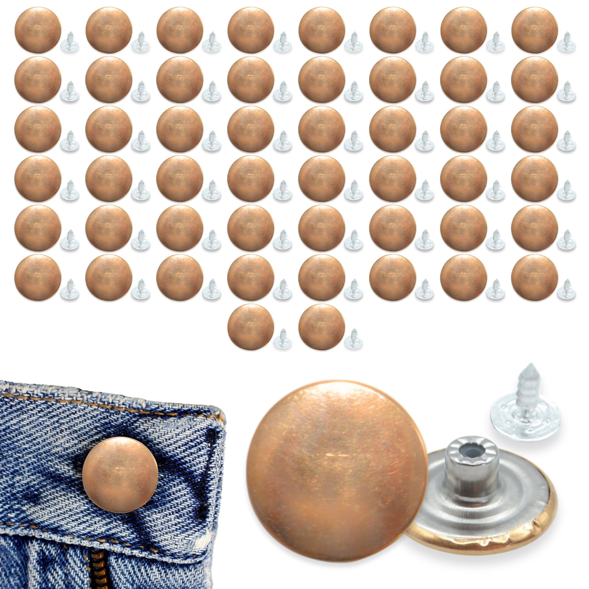 celloexpress 20mm Plain Rose Gold Jean Buttons - Metal Hammer On Studs & Pin Backs - Replacement Parts Jeans Jackets (Pack of 50) โ image 1