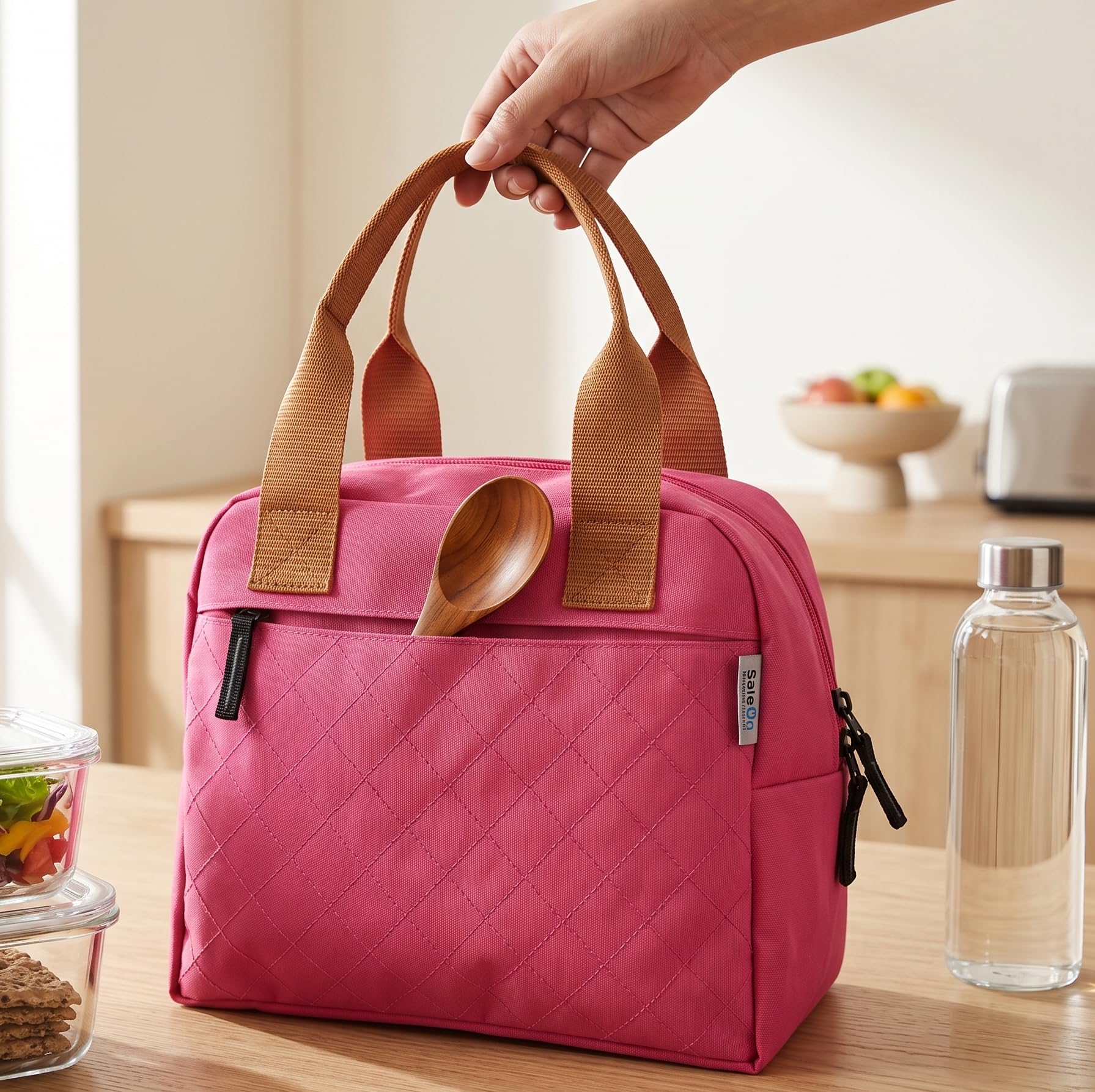 SaleOn Wooum 7.5 LTR Thermal Insulated Lunch Bag for Women & Girls | Stylish Tiffin Bag | Big Size Food Carrier Tote for Office, College, School | Pink Travel Lunch Box Pouch with Handle (Dark Pink)-image-23