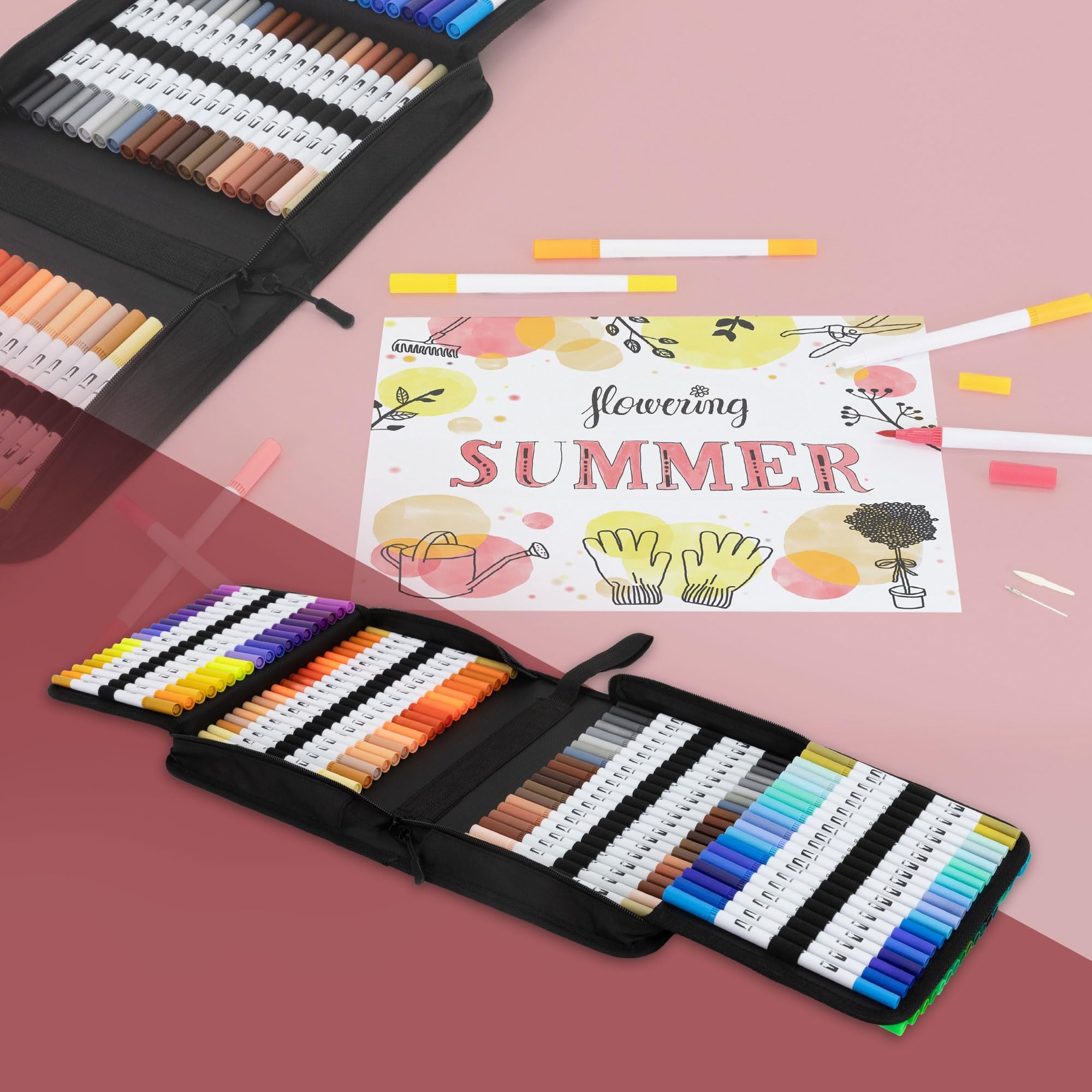 ECD Germany Juego de 120 Rotuladores Finos y Gruesos para Niños y Adultos Doble Pincel con Base de Agua para Caligrafía y Manga Set de Dibujo y Pintura Profesional en Estuche portátil con Cremallera