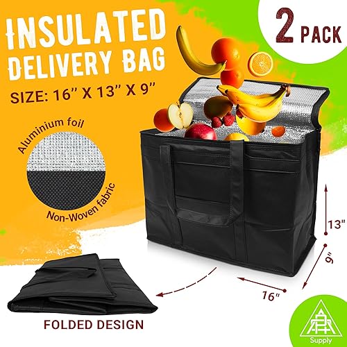 Miniatura 2 de Bolsa de entrega de alimentos aislada negra, bolsas de comestibles aisladas con cierre superior, bolsa de catering para entregas de alimentos