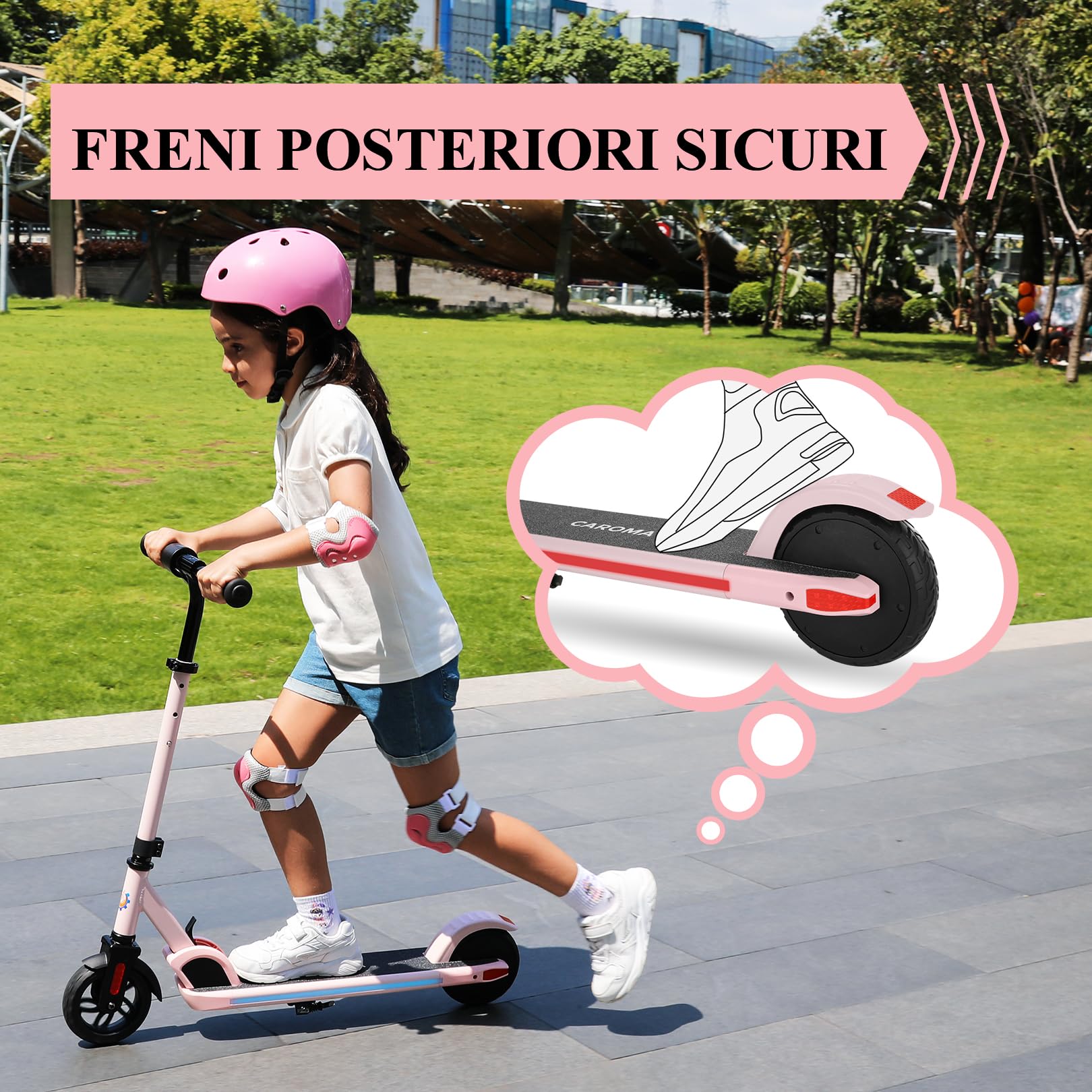 Caroma Monopattino elettrico per Bambini dai 8 ai 12 anni, Motore da 150W, 17 km/h, 80 Minuti di Autonomia, Velocità E altezza Regolabili, Luci Colorate, Display a LED, Ragazzi