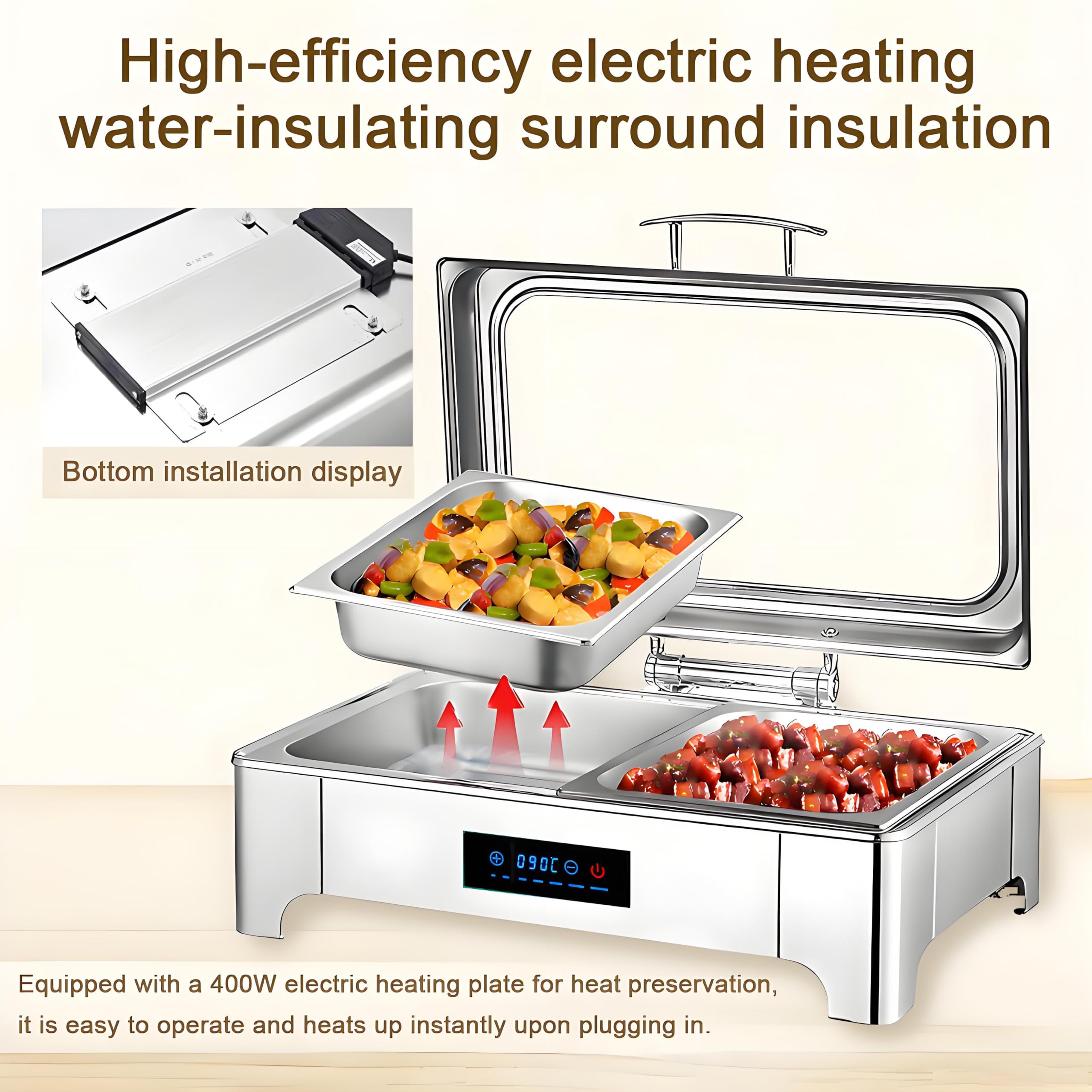 9L Chafing Dish Elettrico, Professionale Scaldavivande Elettrico Buffet in Acciaio Inox, Contenitore Scalda Cibo con Coperchio Trasparente per Buffet, Ristoranti, Cucine(1/2 Pan)