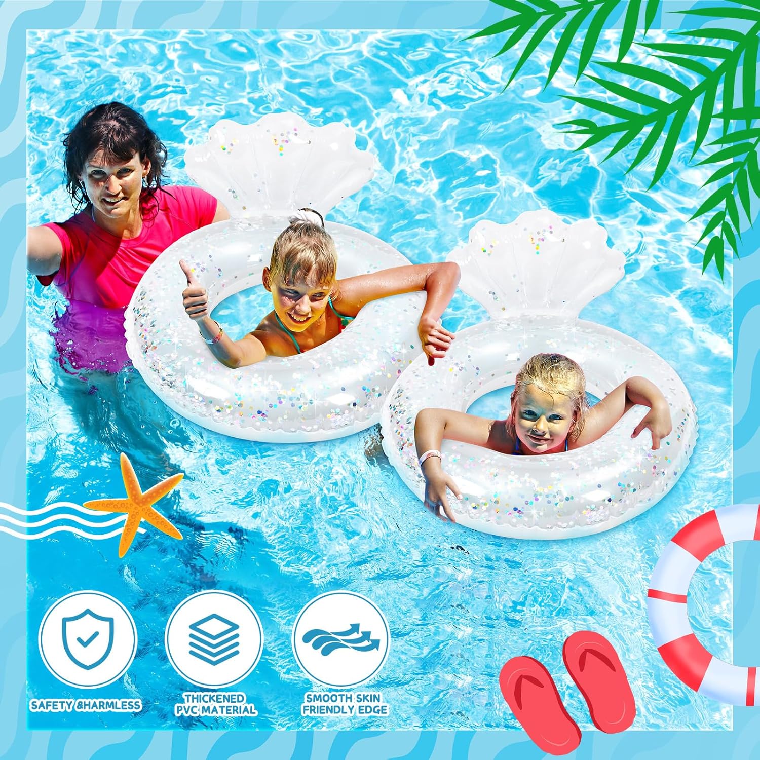 4 Pcs Inflatable Seashell Pool Float Shell Swim Tube Rings 27.5 Inches Outer Glitters Shell Tubes Pool Floats for Girls Adults Summer Beach Swimming Pool Party Supplies, white
