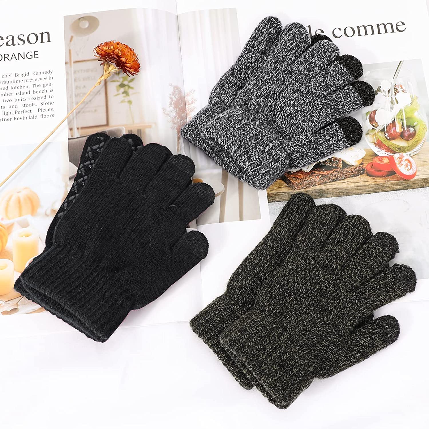 3 Pares de Guantes Cálidos de Invierno para Niños, Forro polar Térmico Elástico para Pantalla Táctil Guantes de Punto con Dedos Completos Mitones, para Niños de 4 a 8 años Niñas y Niños