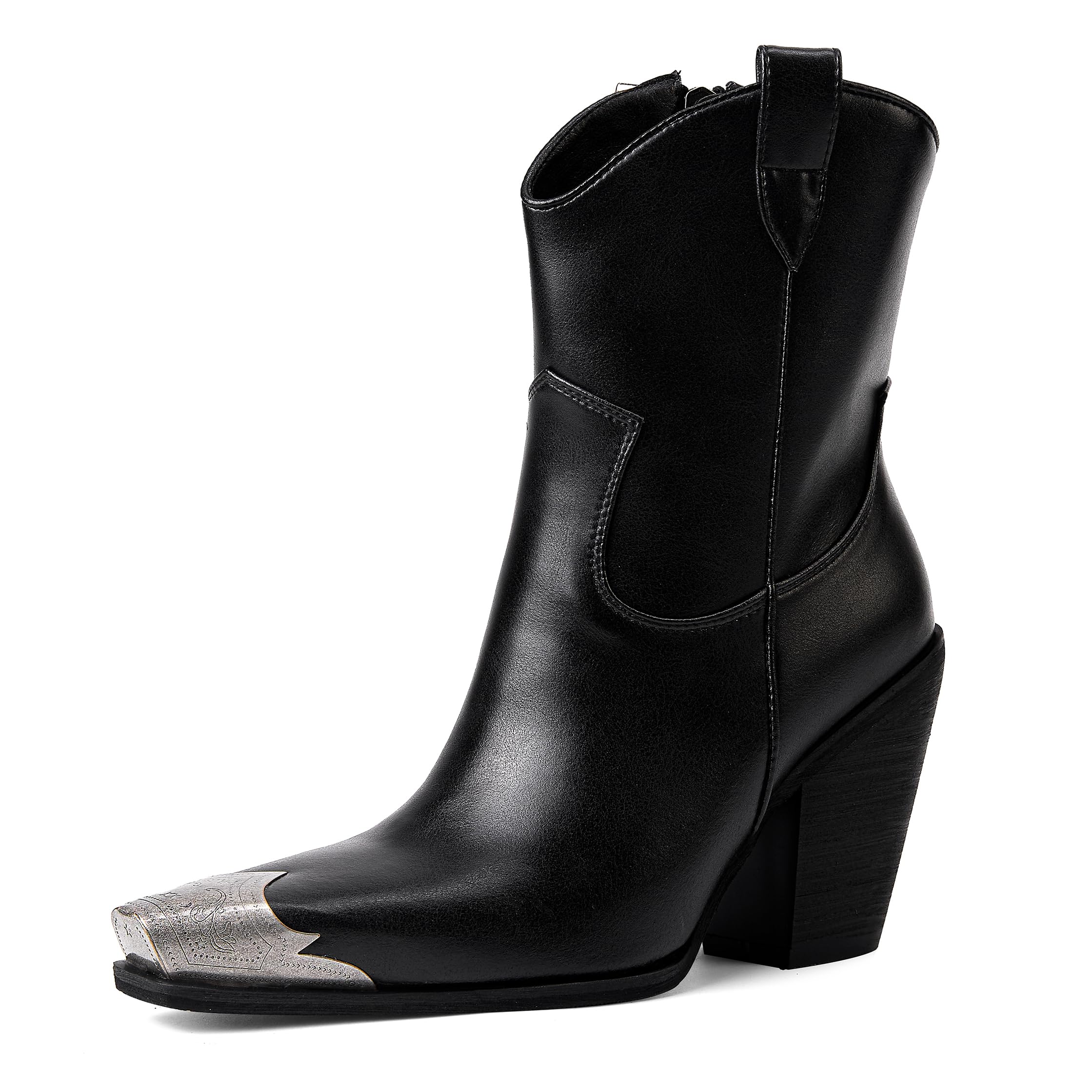 HoanTiai Cowboy Ankle Boots for Women Engraved Steel Toe Cowgirl Boots Stacked Block Heels Short Cowboy Boot Fashion Dressy Western Country Booties