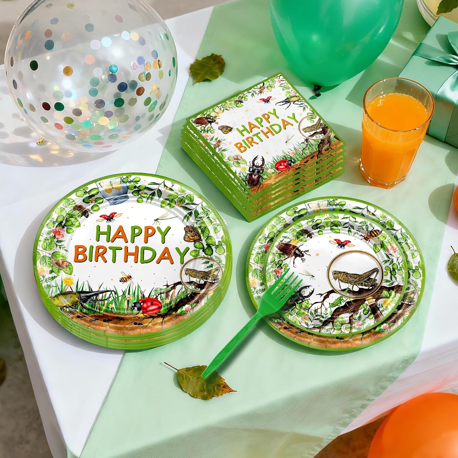 Avezano 96 PCS Bug Birthday Party Decorations Nature Insect Theme Tableware Bug Birthday Plates and Napkins for Kids, Serves 24