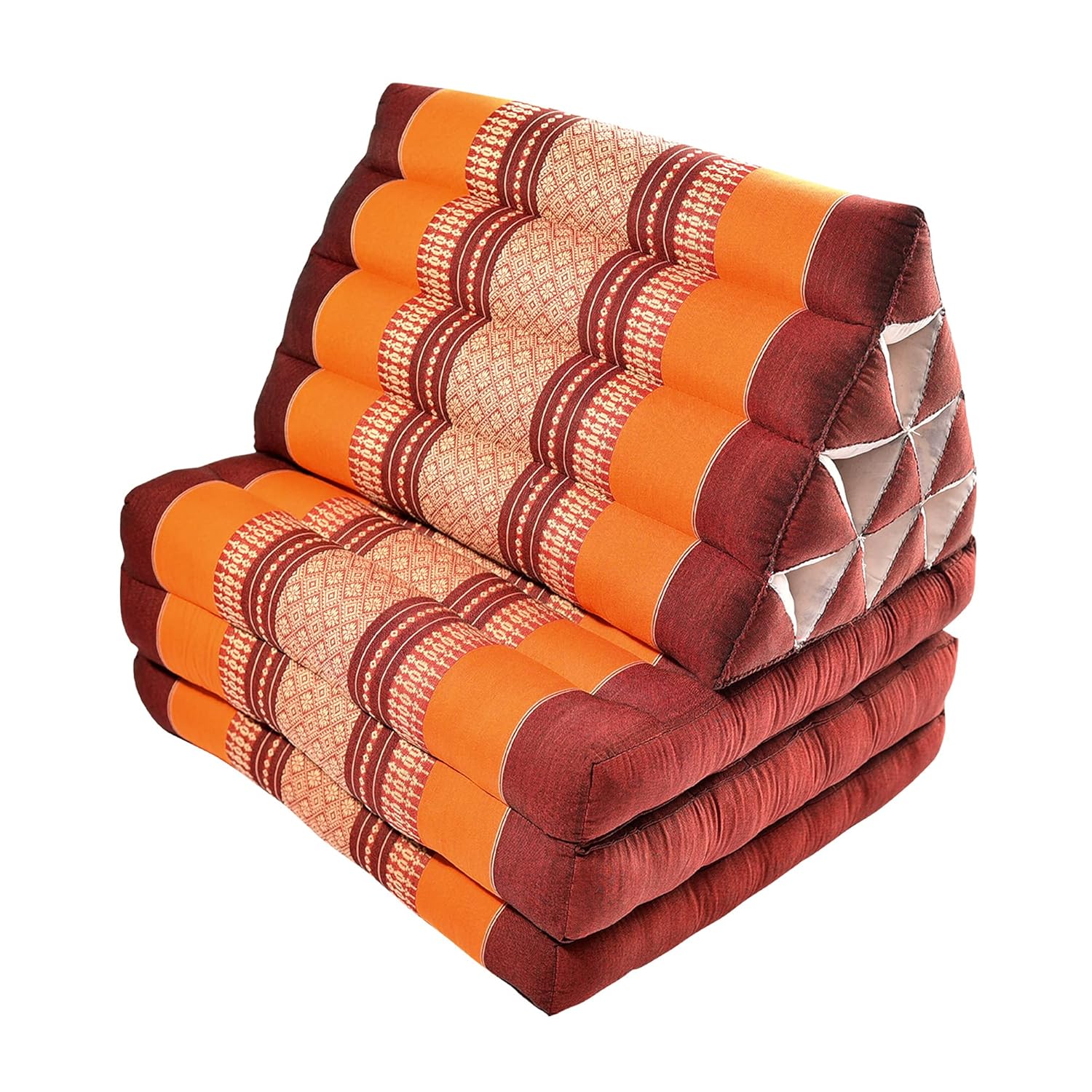 Zafuko Three-Fold Thai Cushion - Burgundy/Orange - Organic Water-Resistant Kapok Filling, Multi use Including meditaiton, Lounging, Reading, Stretching.