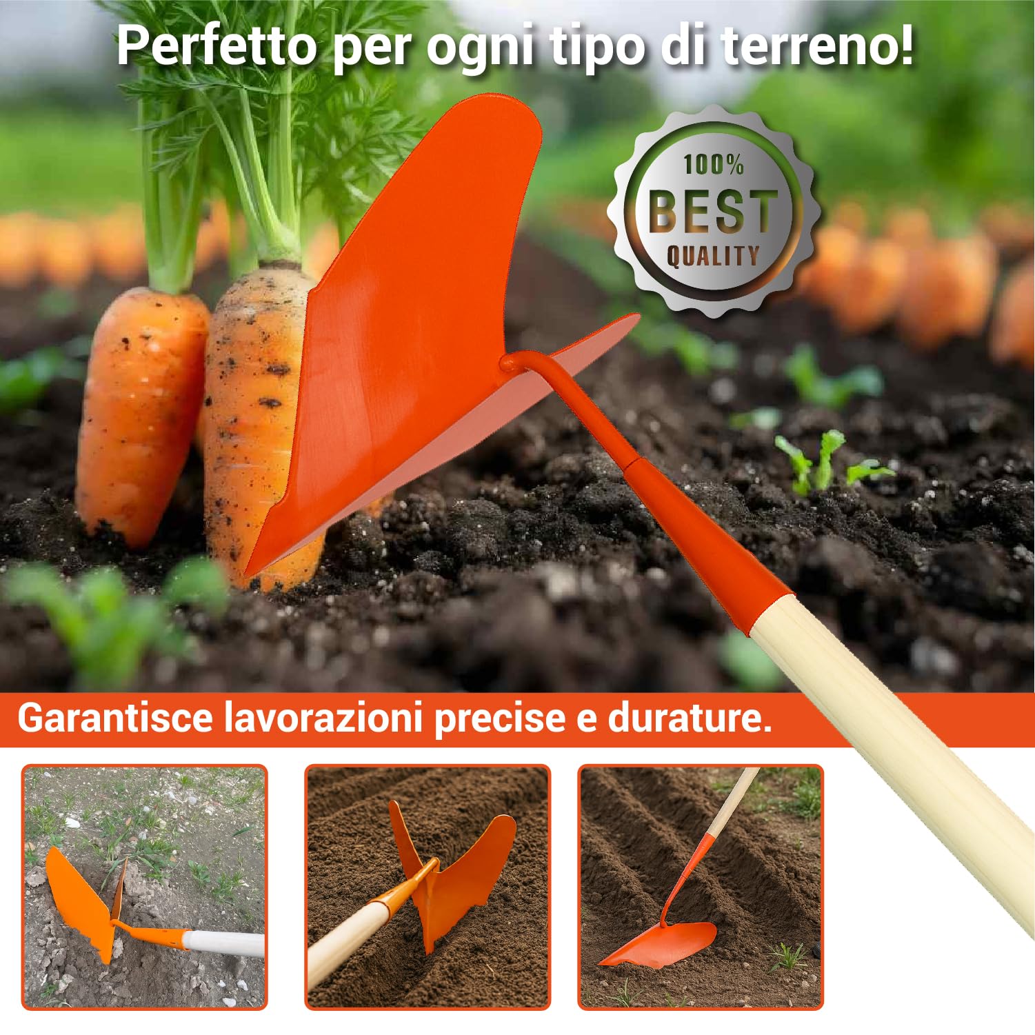 Crisalide® - Vomere Arancione Traccia Solchi In Metallo 27x30CM, COMPLETO DI MANICO In Legno 150CM, Indicato Per La Cura Dell'Orto E Del Giardino, Facile Da Utilizzare