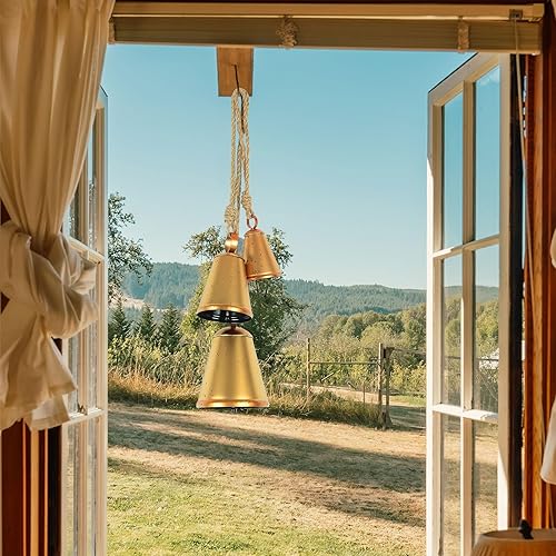 Vista 49 de Styleonme Campanas decorativas, decoración navideña, cuerda colgante Huangma, campanas de toro decorativas de metal, juego de 4 piezas de campanas