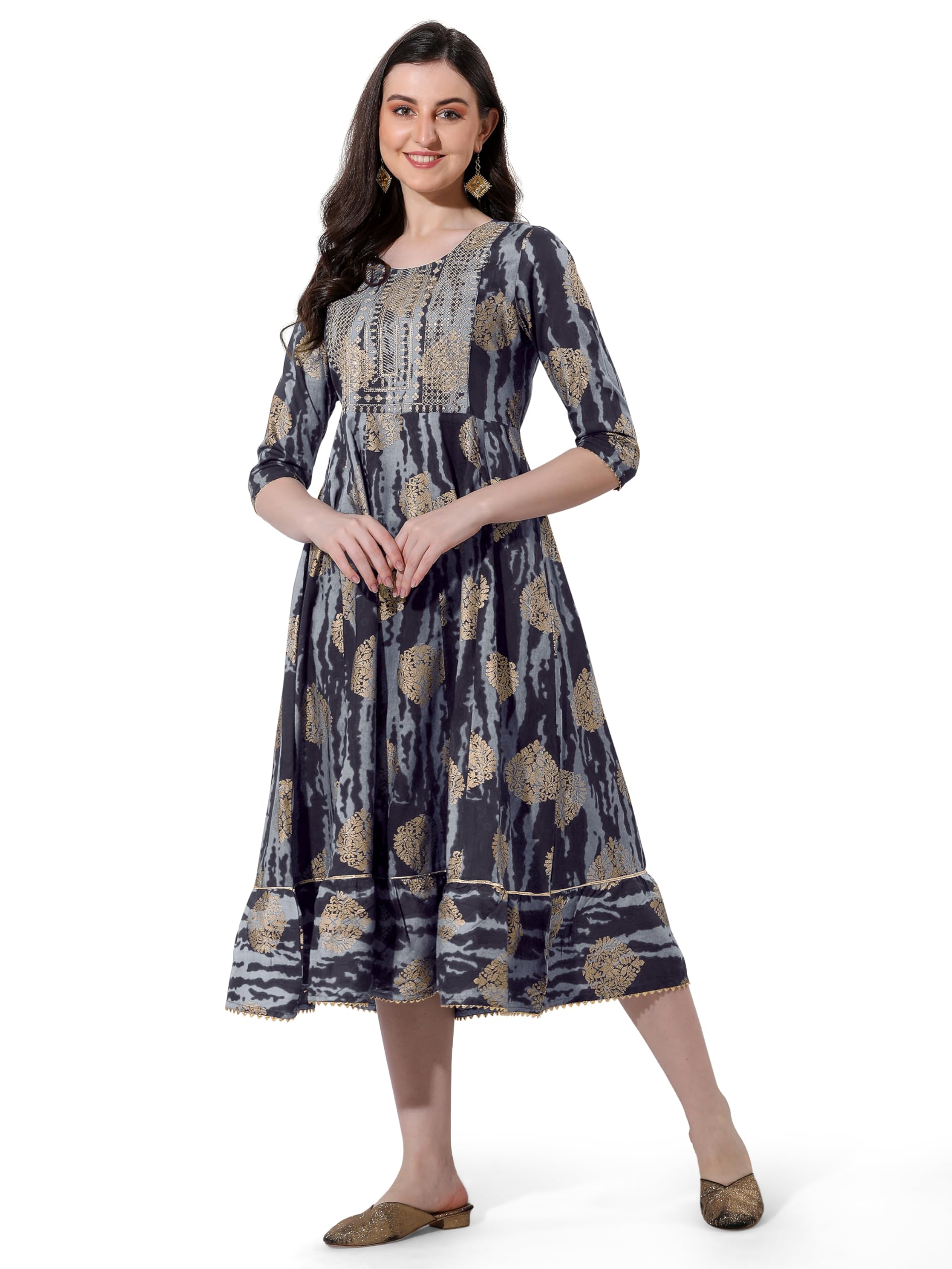 MIRCHI FASHION Women's Cotton Relaxed Fit A Line Sequins Embroidery Work Foil Printed A-Line Kurti Only