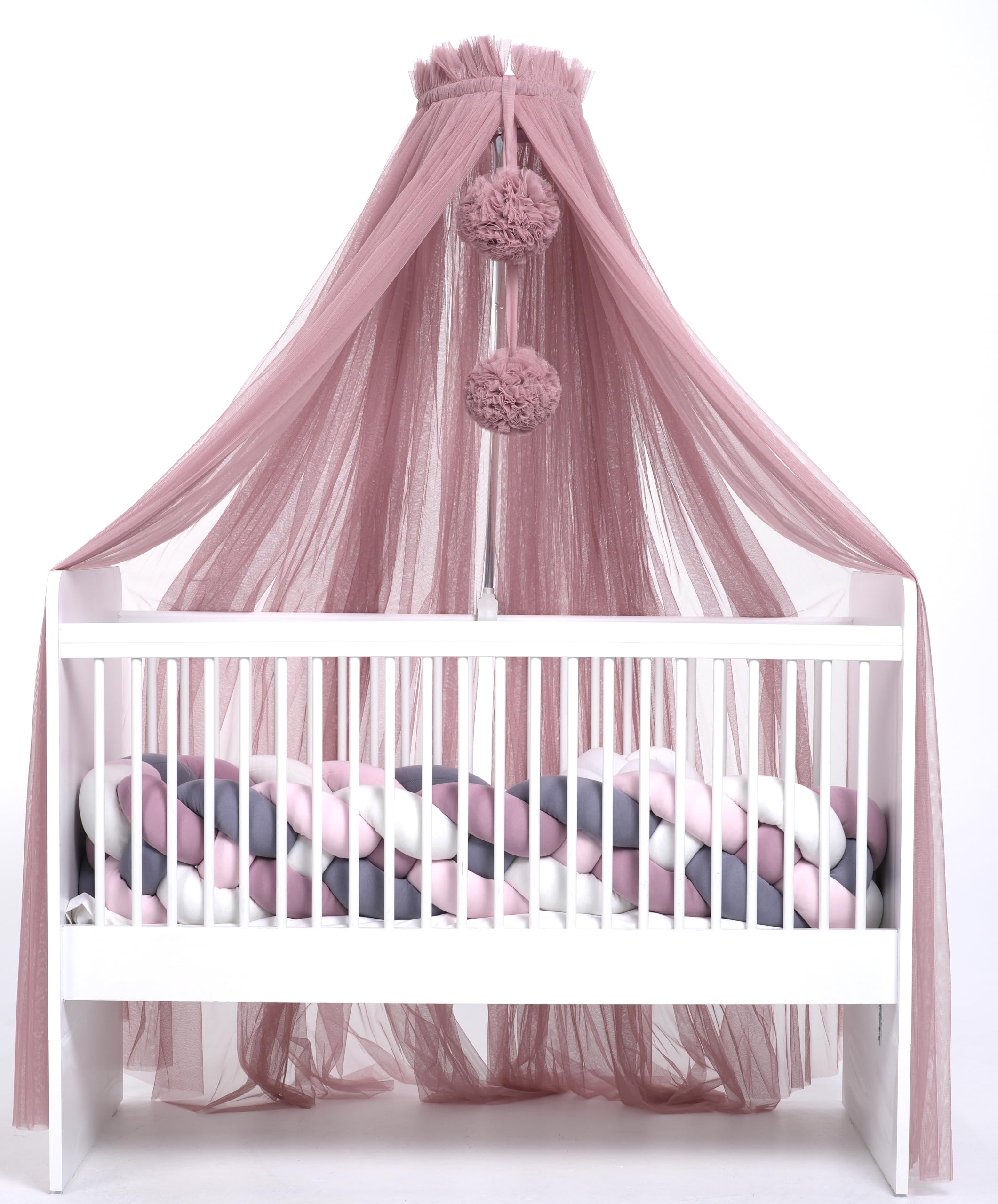 Ciel De Lit Pour Lit Bébé Princesse Vieux Rose - Moustiquaire Tulle Avec Pompons Et Papillons, Baby Fancyroom