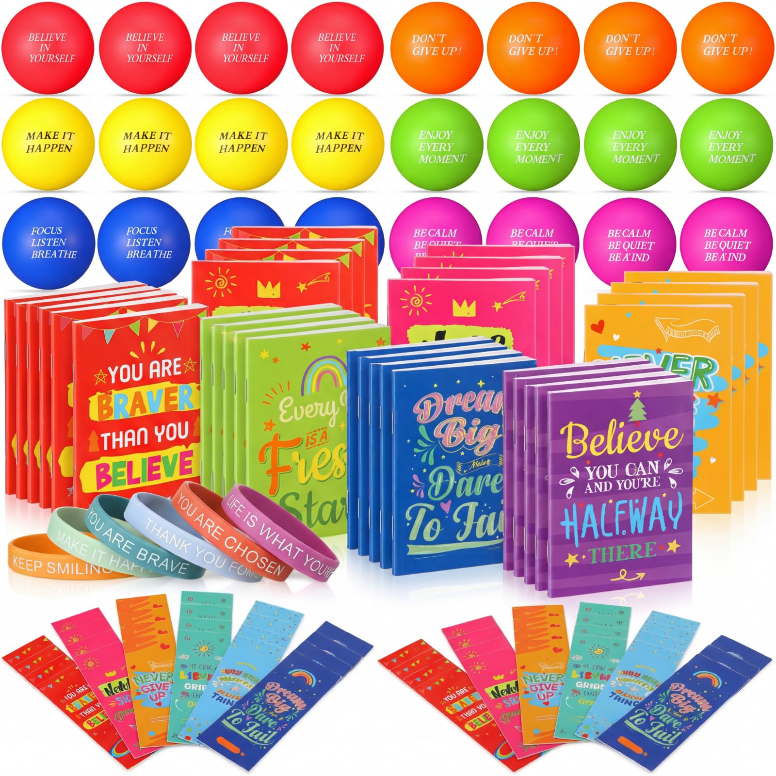 Silkfly 96 Pcs End of Year Student Gift Classroom Party Student Gifts from Teacher, Notebooks Motivational Silicone Bracelets Inspirational Bookmarks